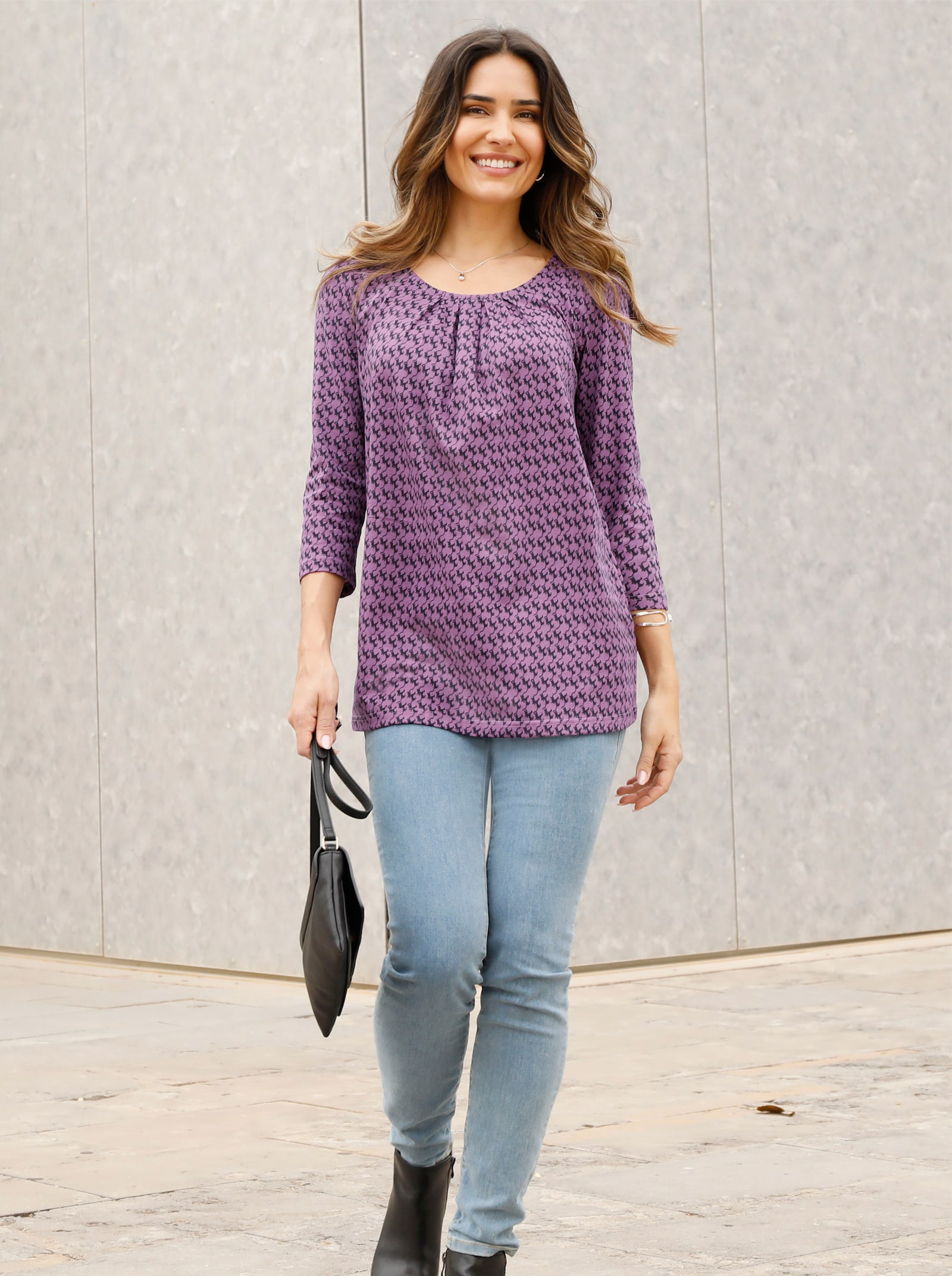 3/4-Arm-Shirt mit Katzen-Druck - violett-schwarz-bedruckt