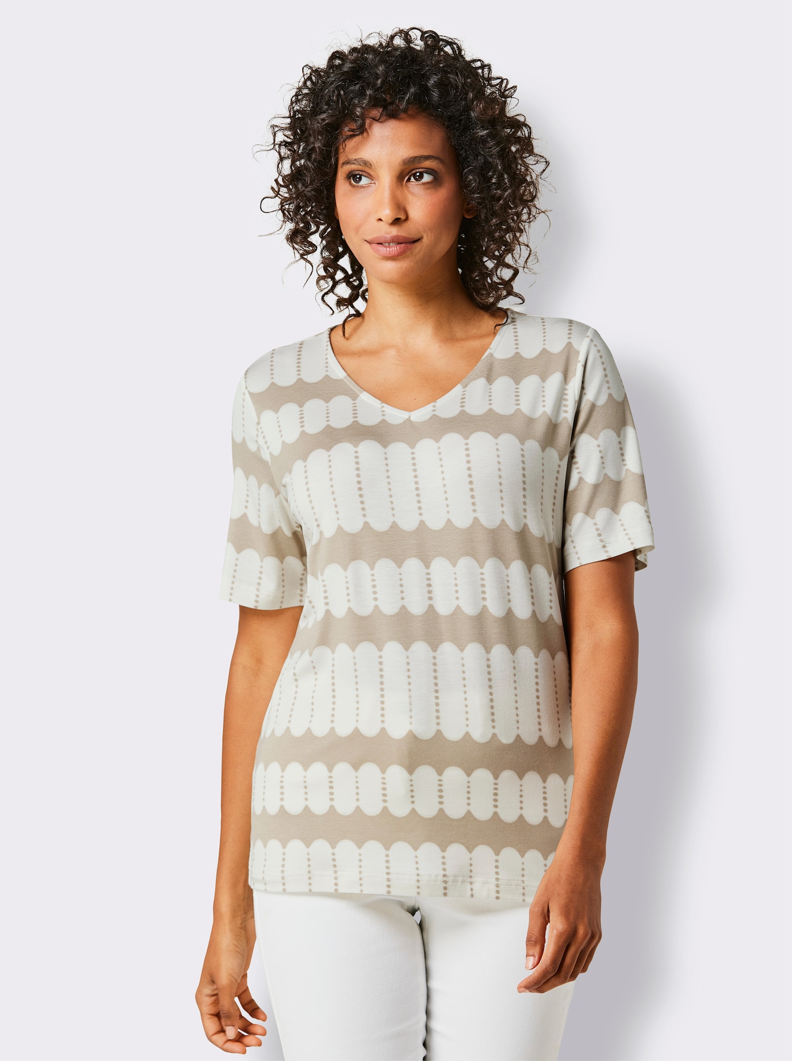 CREATION L PREMIUM Kurzarmshirt in atmungsaktiver Qualität - beige-weiß-bedruckt