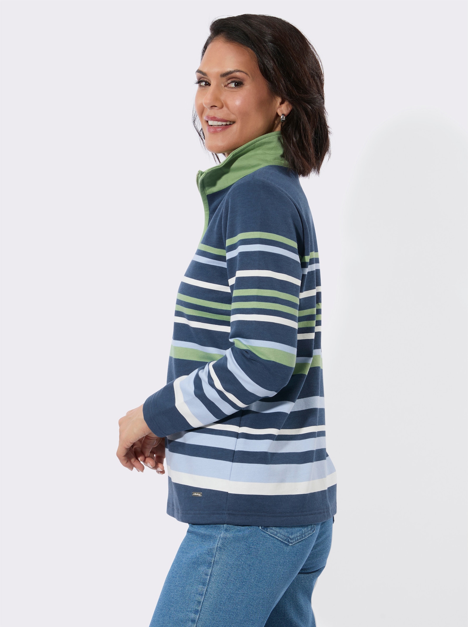 Sweatshirt mit Troyerkragen - dunkelblau-eucalyptus-bedruckt