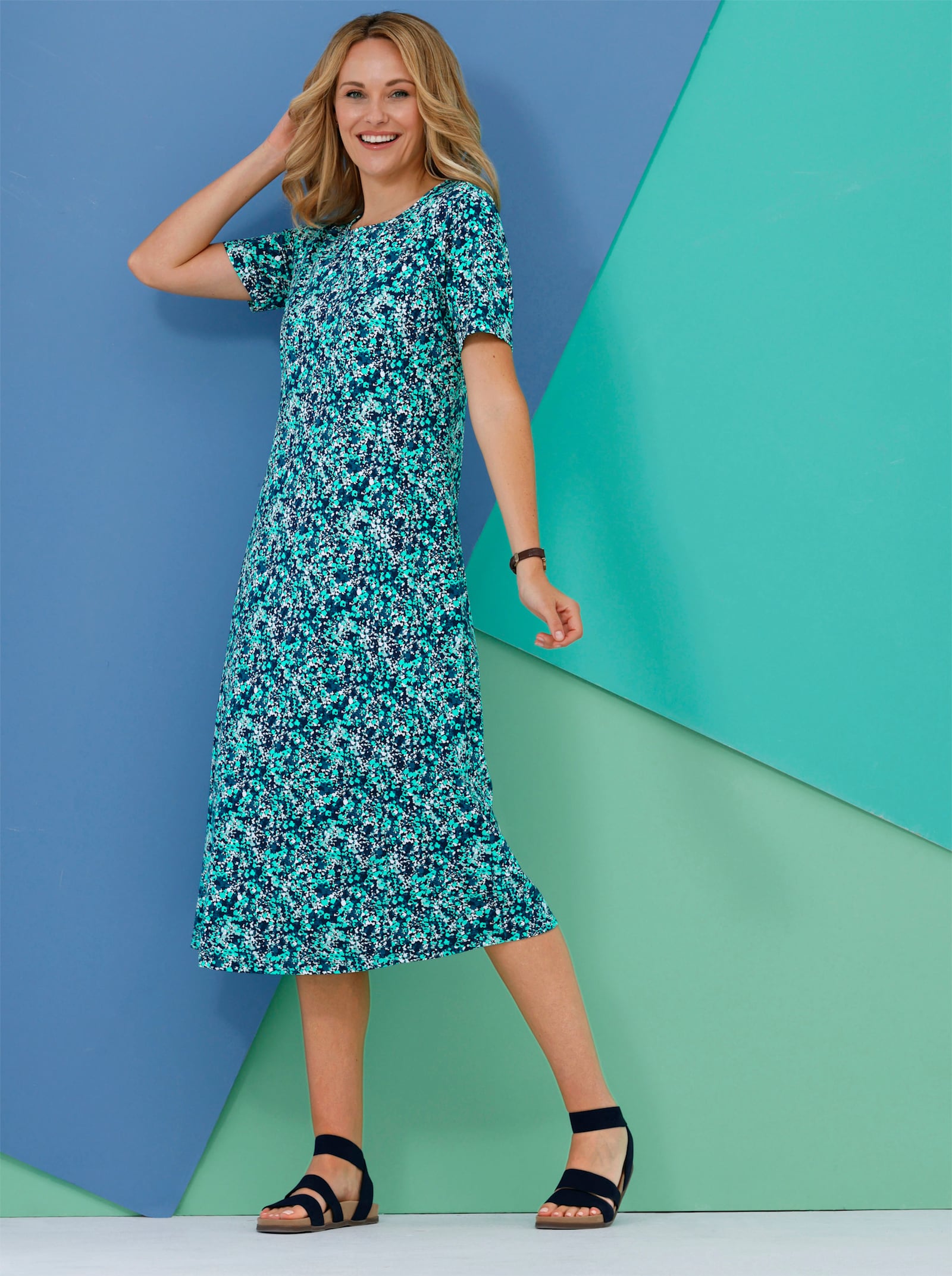 Jerseykleid in A-Linie - marine-blaugrün-bedruckt