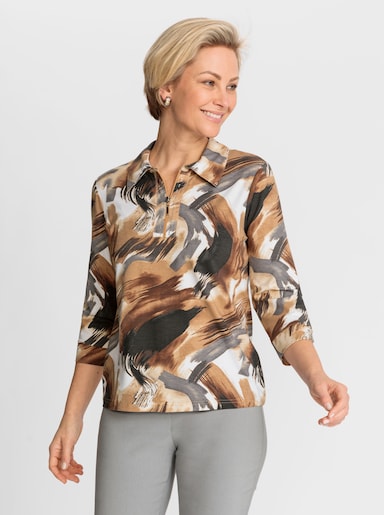 Poloshirt mit Ziersteinchen - camel-ecru-bedruckt