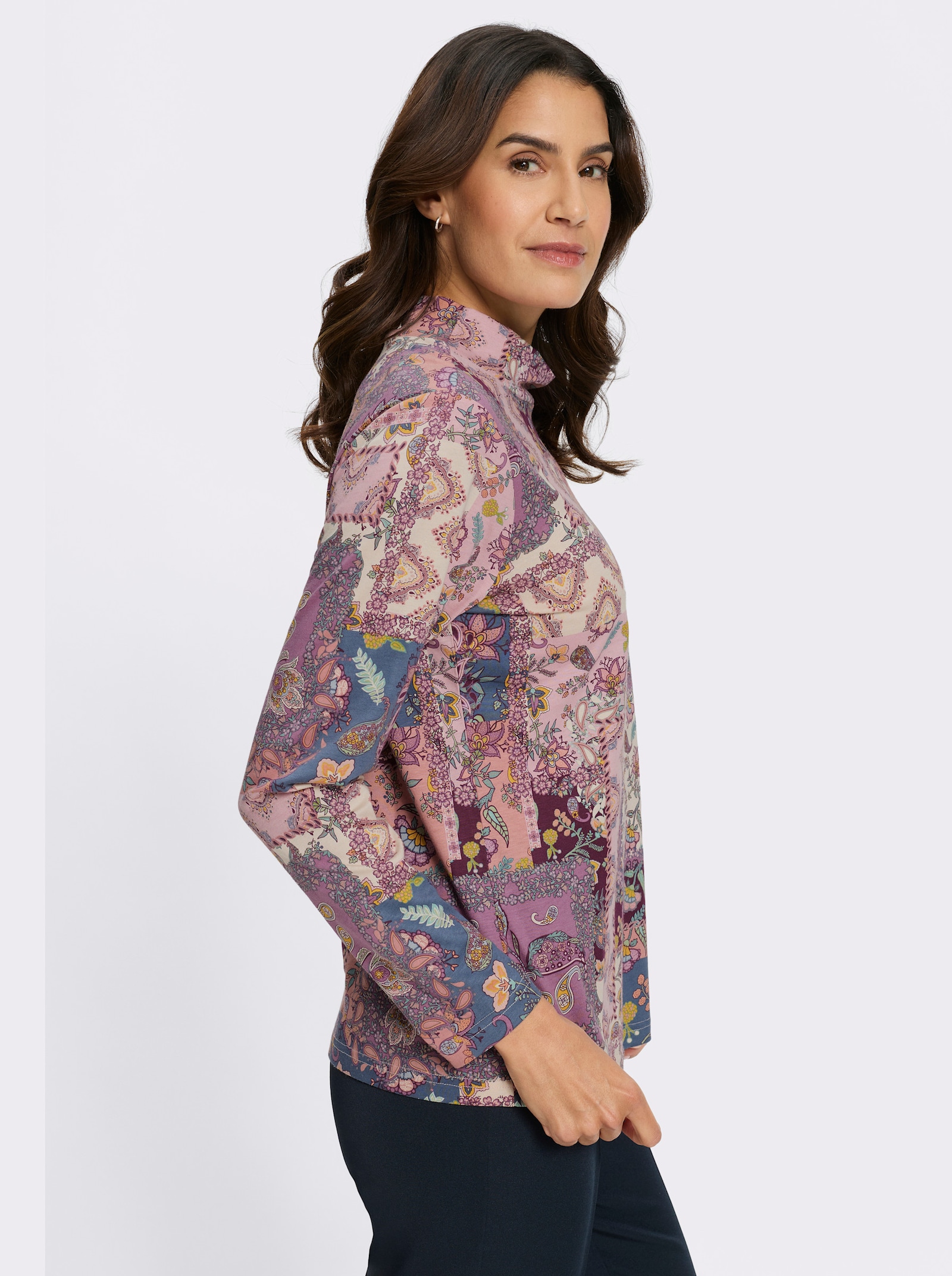 Stehkragenshirt im Patchwork-Dessin - burgund-violett-bedruckt