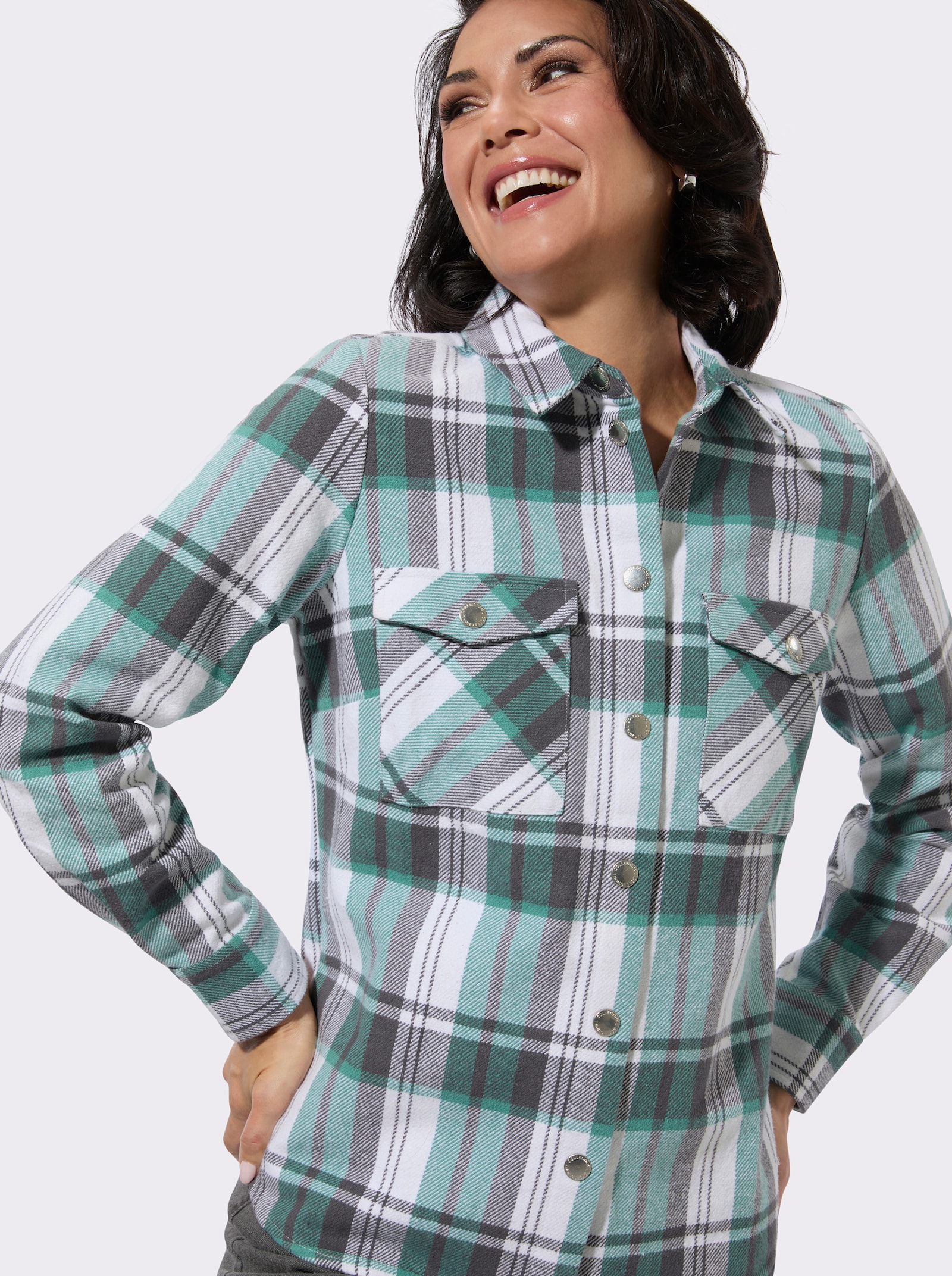 Flanellbluse im Karomuster - salbei-anthrazit-kariert