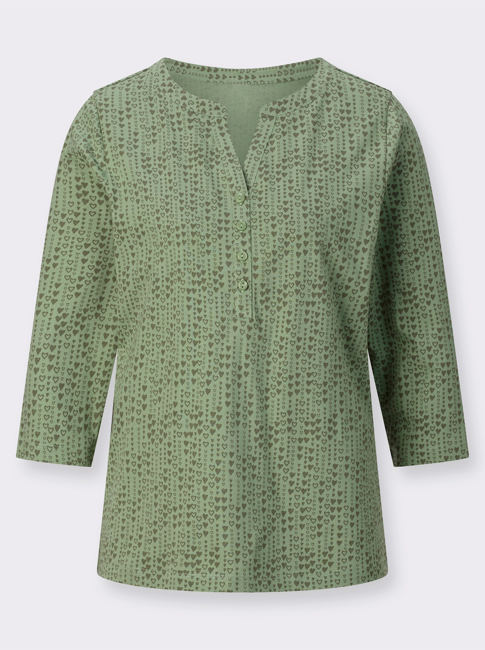 Tričko, 3/4 ruky, srdiečka - eukalyptová – kaki – potlač