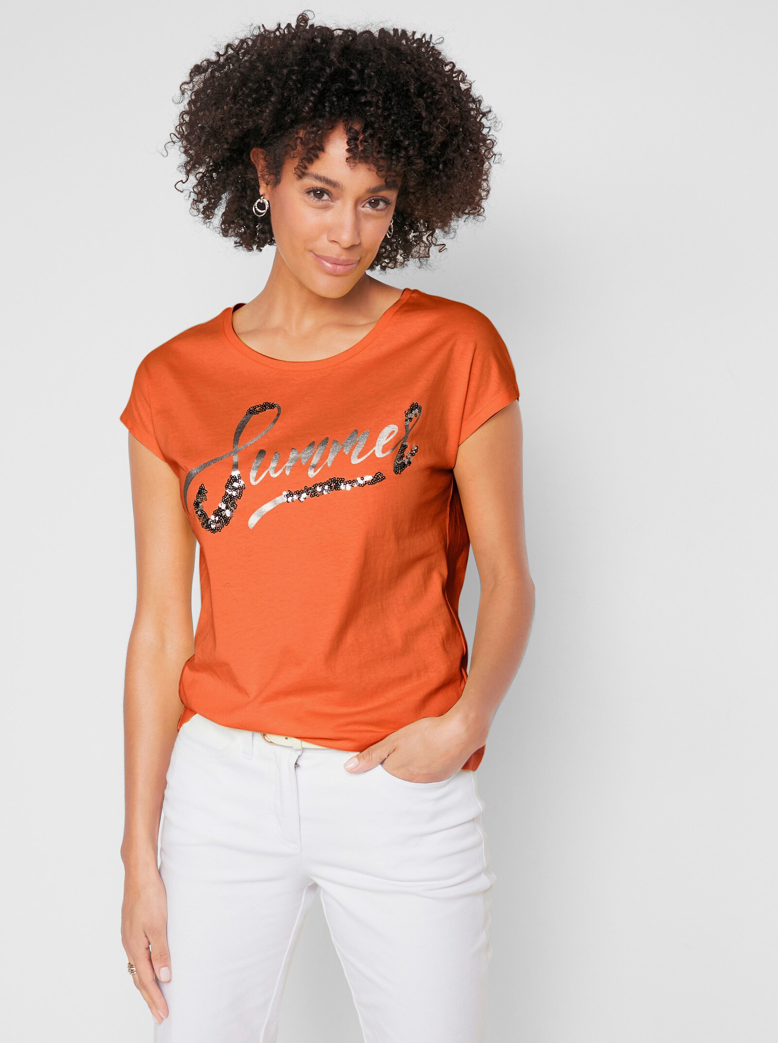 Kurzarmshirt mit Pailletten-Schriftzug - orange-silberfarben-bedruckt