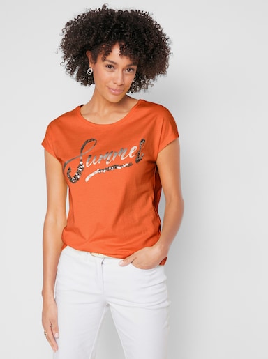 Kurzarmshirt - orange-silberfarben-bedruckt