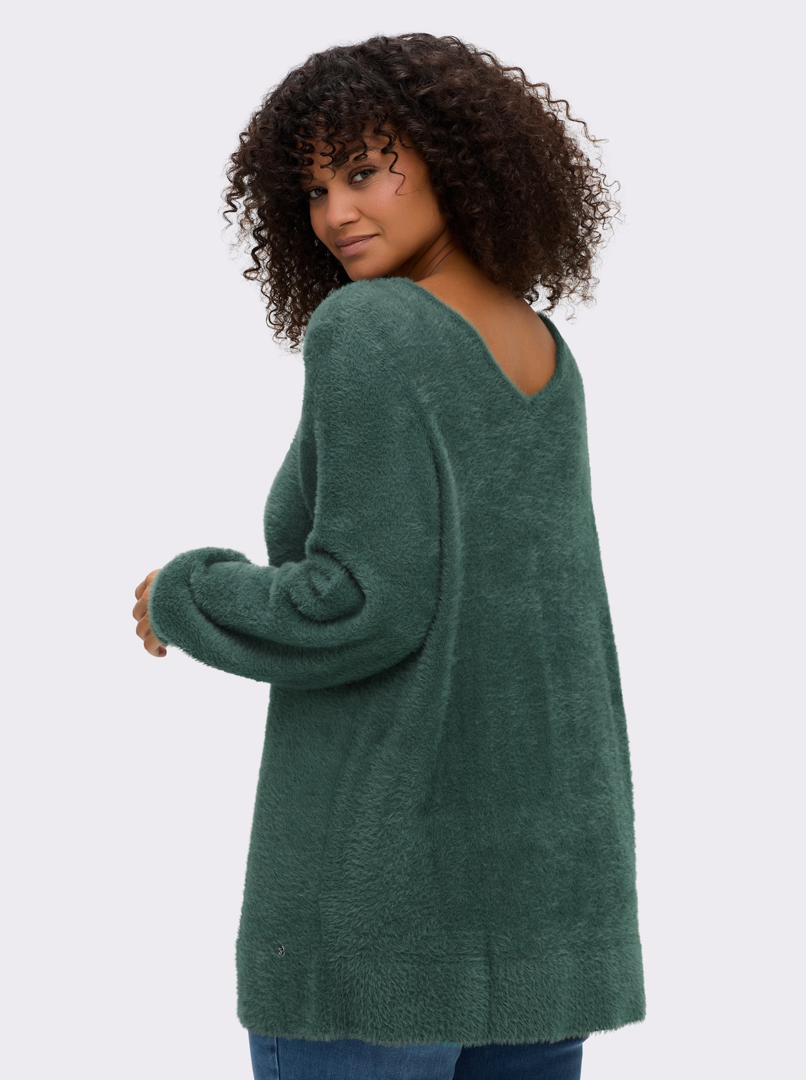 sheego Strickjacke mit Bindebändern und Ballonärmeln - moos