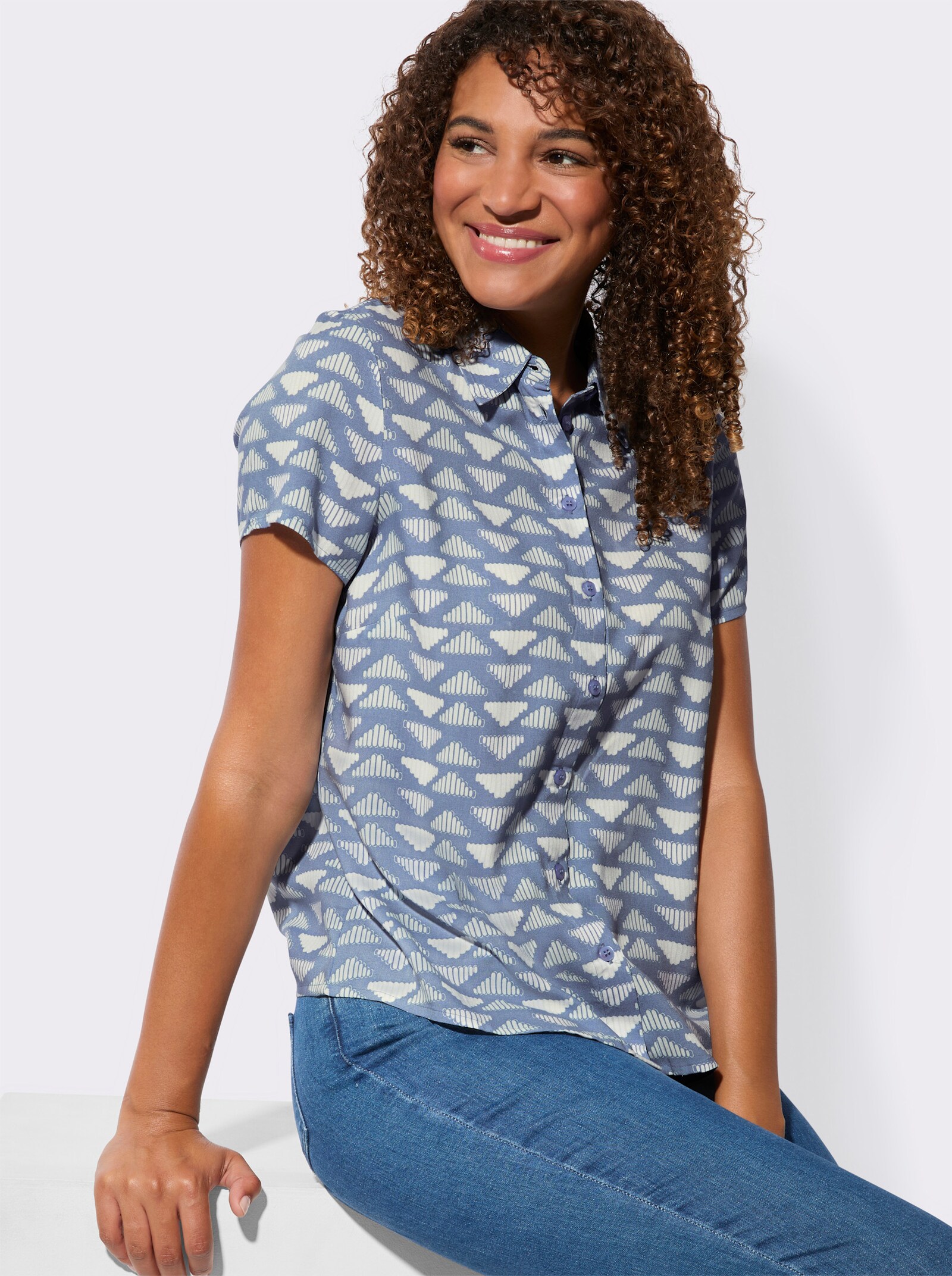 Druckbluse in fließender Qualität - taubenblau-zartmint-kariert