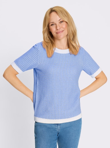 Kurzarmpullover - himmelblau-ecru-gemustert