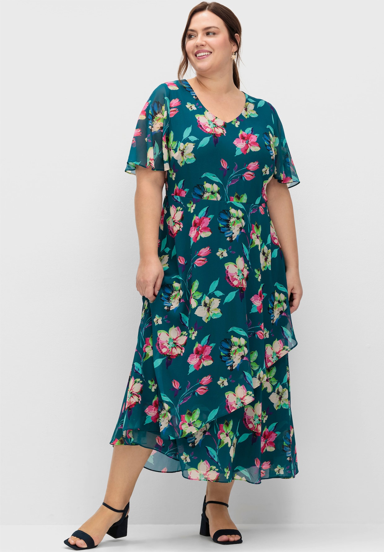 sheego Chiffon jurk - donkerpetrol gedessineerd