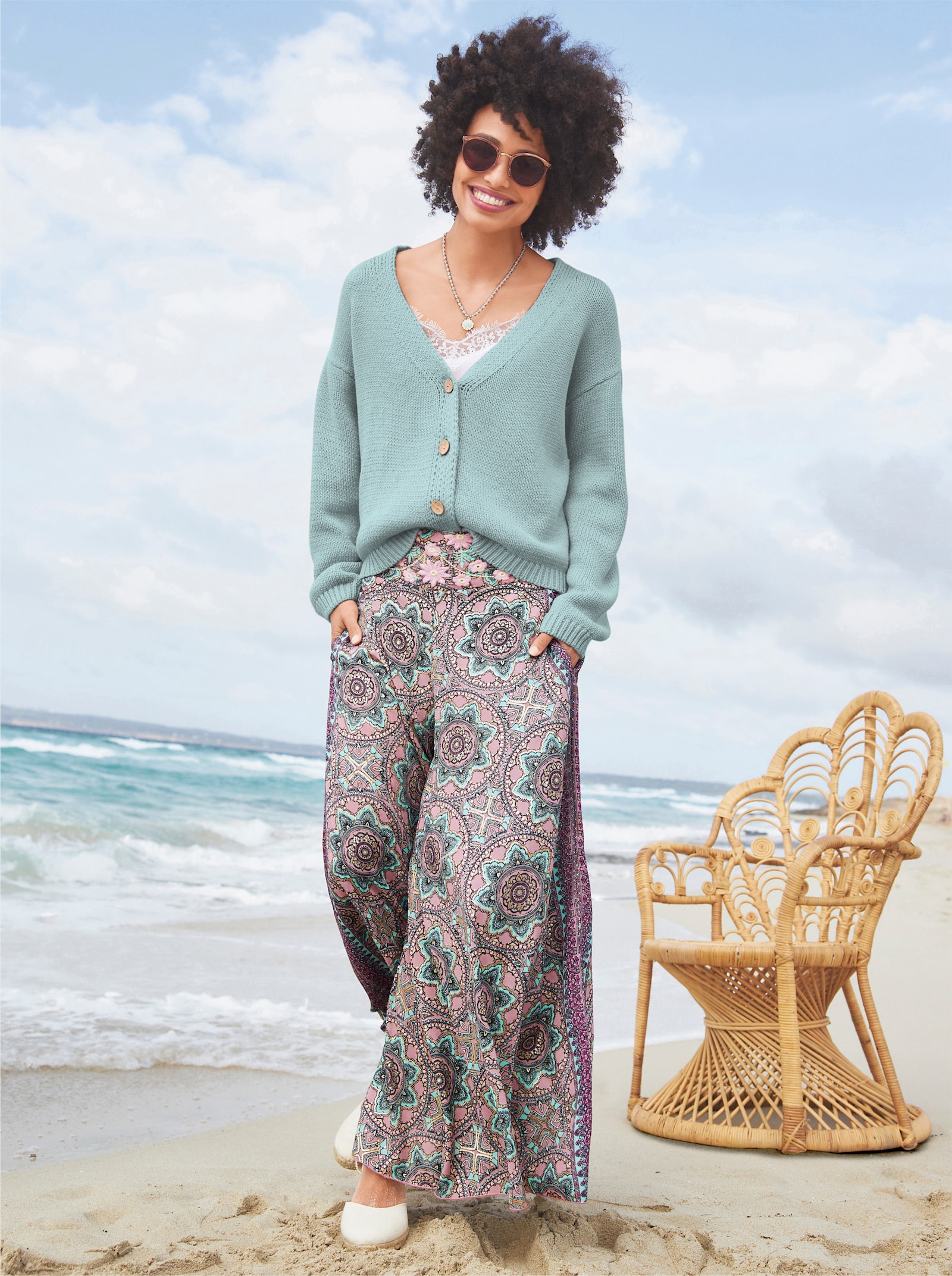 heine Broek met borduursel - rozenhout/blauwgroen bedrukt