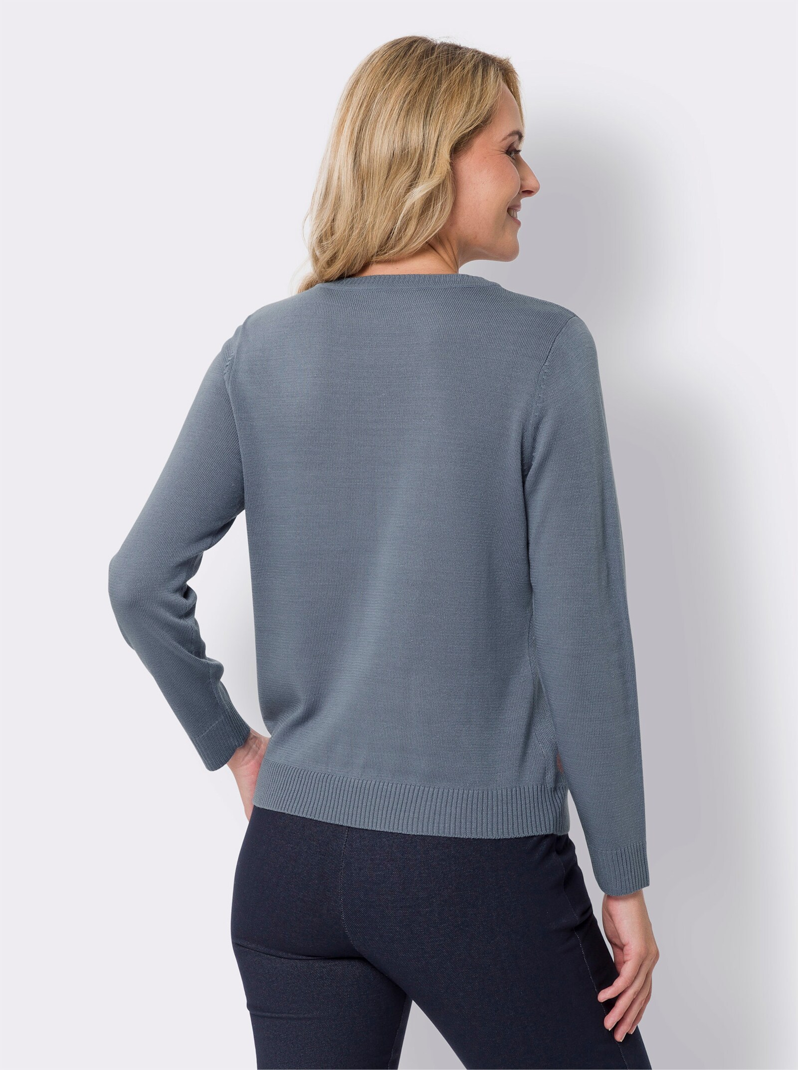 Rundhalspullover mit Jacquard-Herzchen - taubenblau-ecru-gemustert