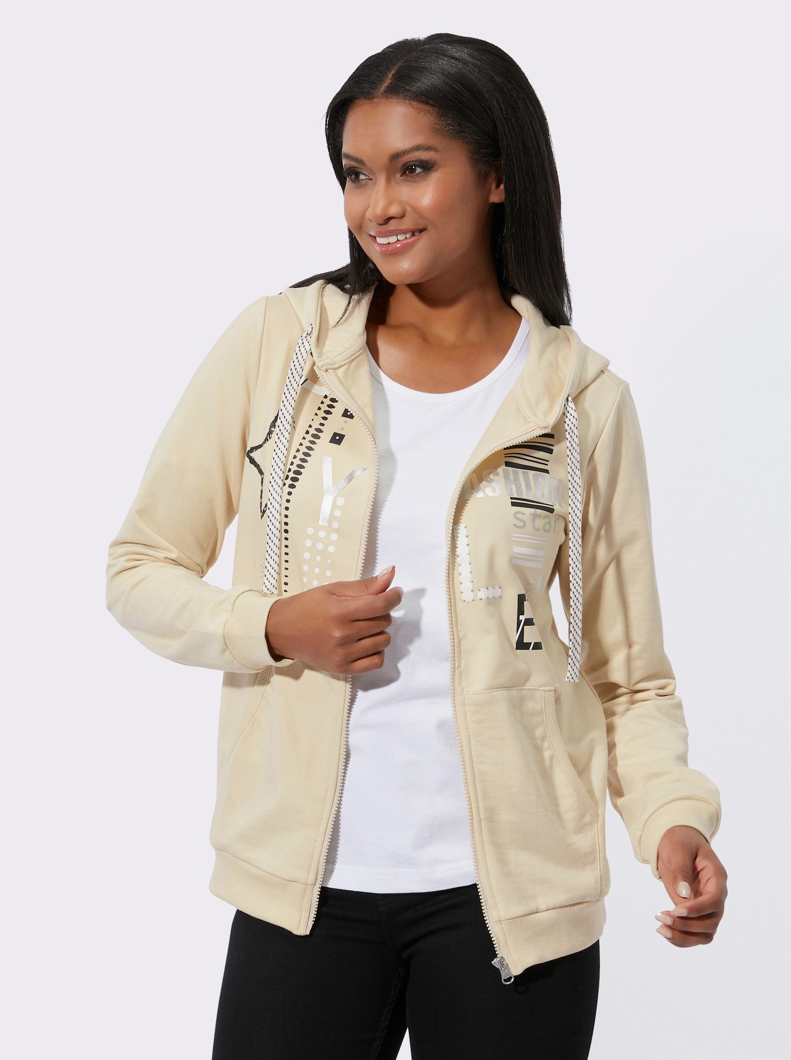 Sweatjacke mit Druck und Glitzersteinchen - sand