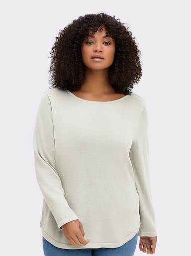 Rundhalspullover mit U-Boot-Ausschnitt - wollweiß