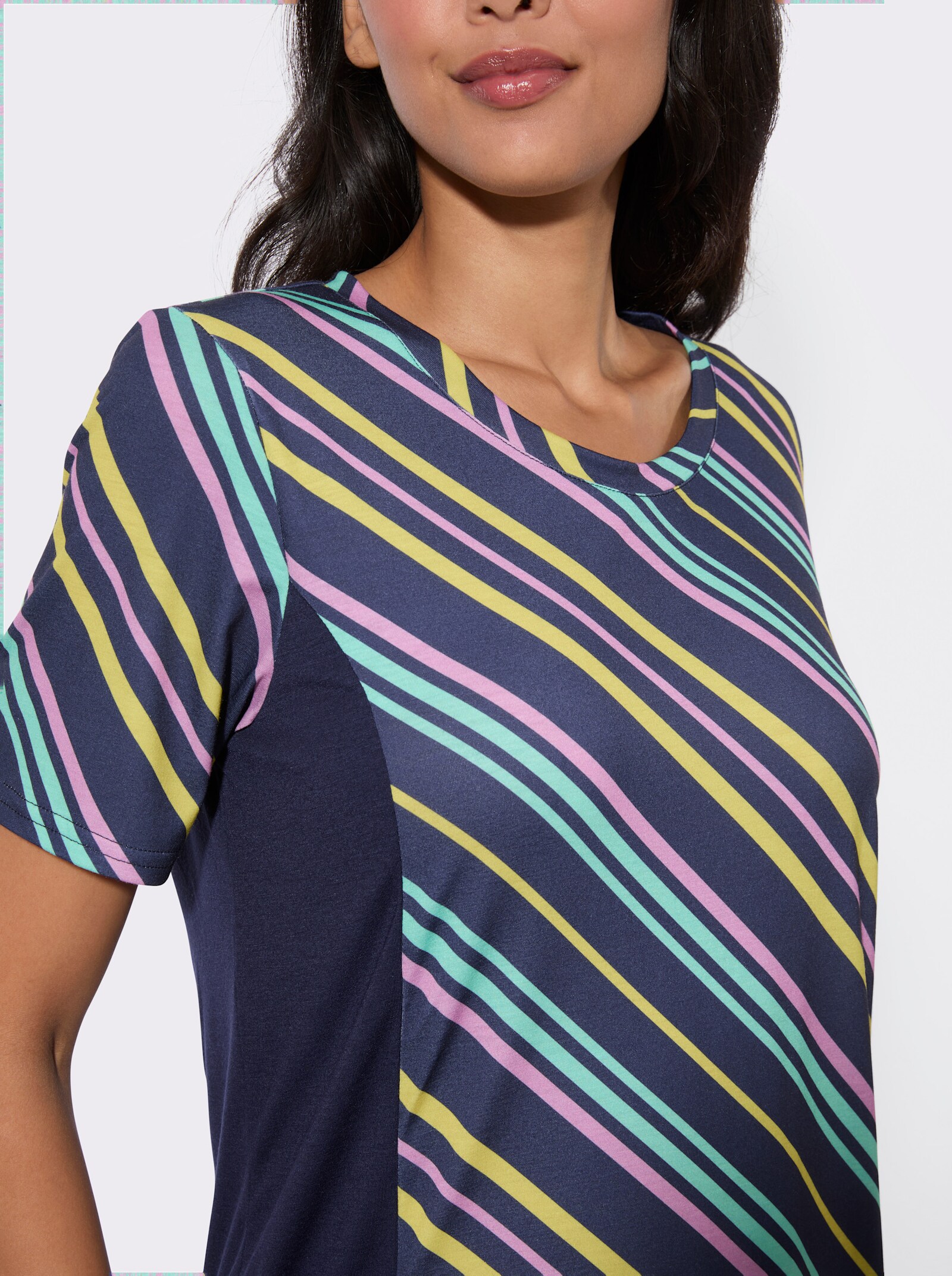 Freizeitshirt mit einfarbigen Einsätzen, gestreift - blaugrün-gemustert