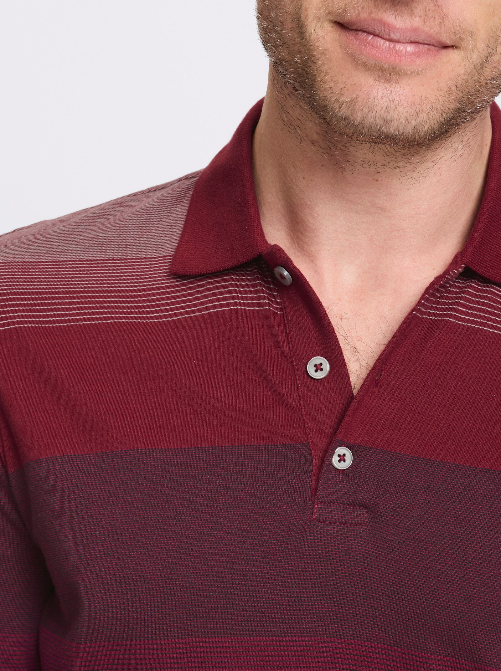 Marco Donati Langarm-Poloshirt , hochwertig garngefärbt - dunkelrot-steingrau-gestreift