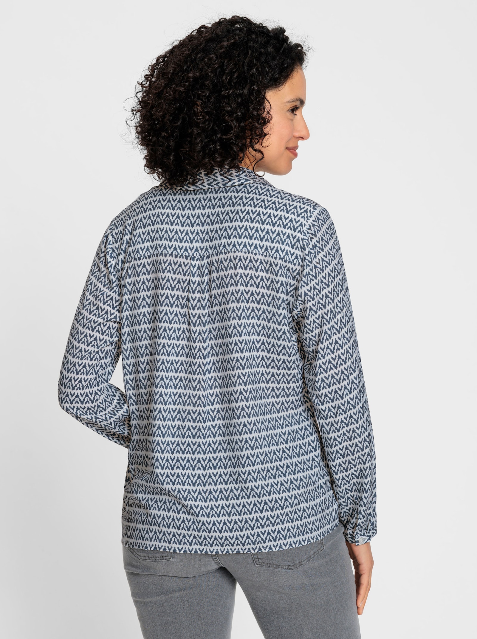 Langarm-Bluse mit offenem Hemdkragen - rauchblau-ecru-bedruckt