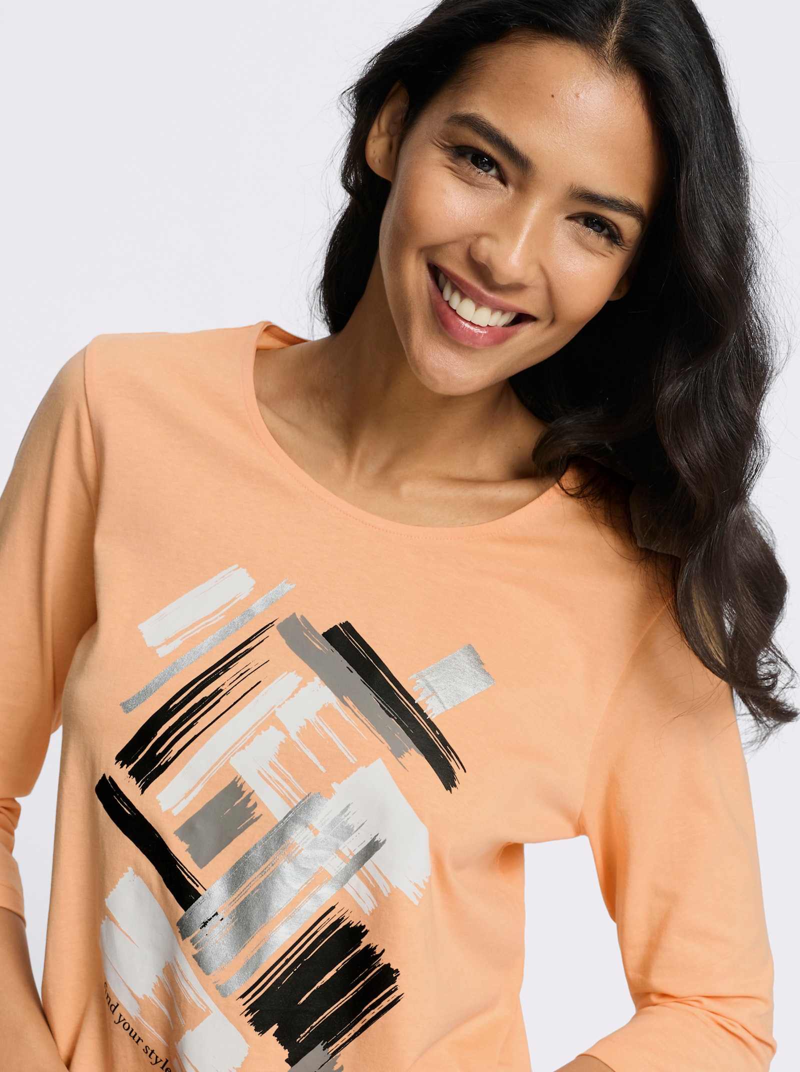 3/4-Arm-Shirt mit glänzendem Druck - apricot-schwarz
