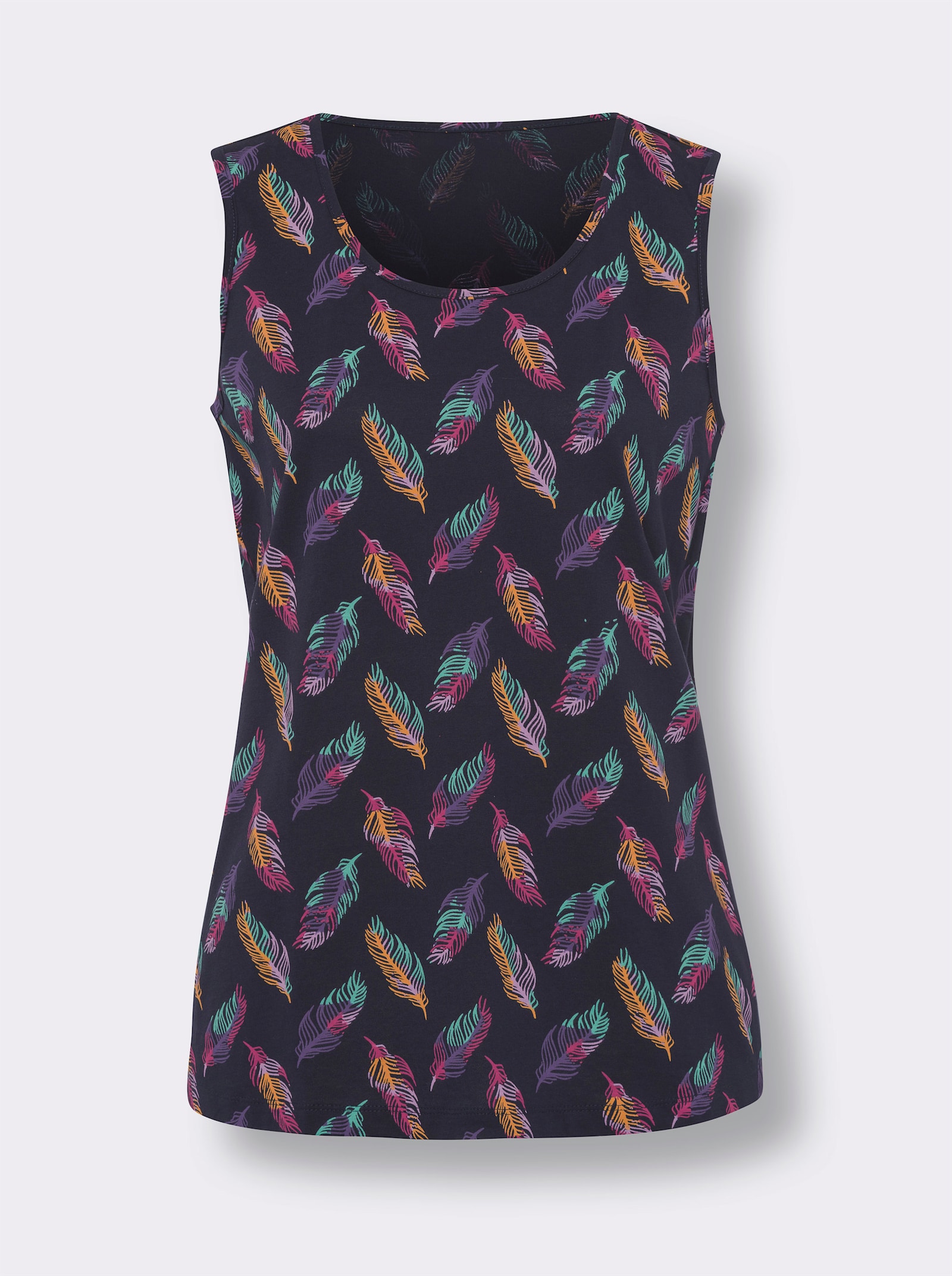 Shirttop met verenprint - marine/blauwgroen bedrukt