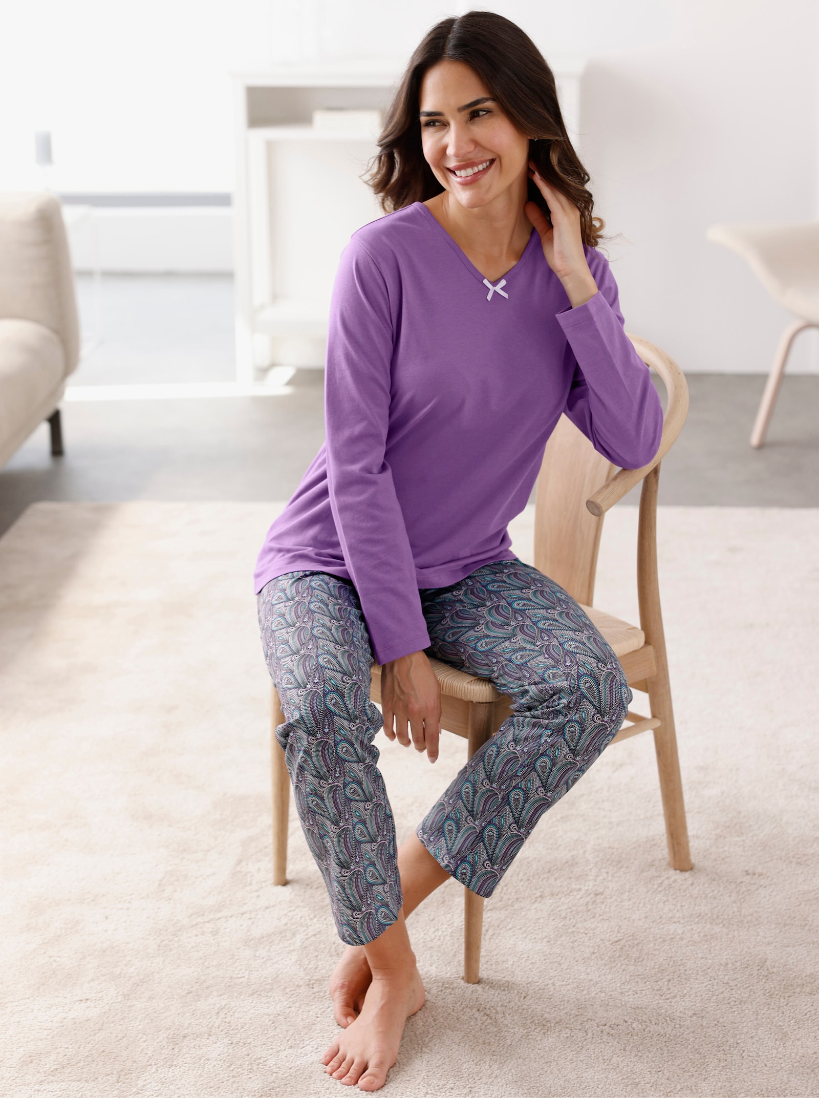 Pyjamashirt met satijnen strik, puur katoen - paars