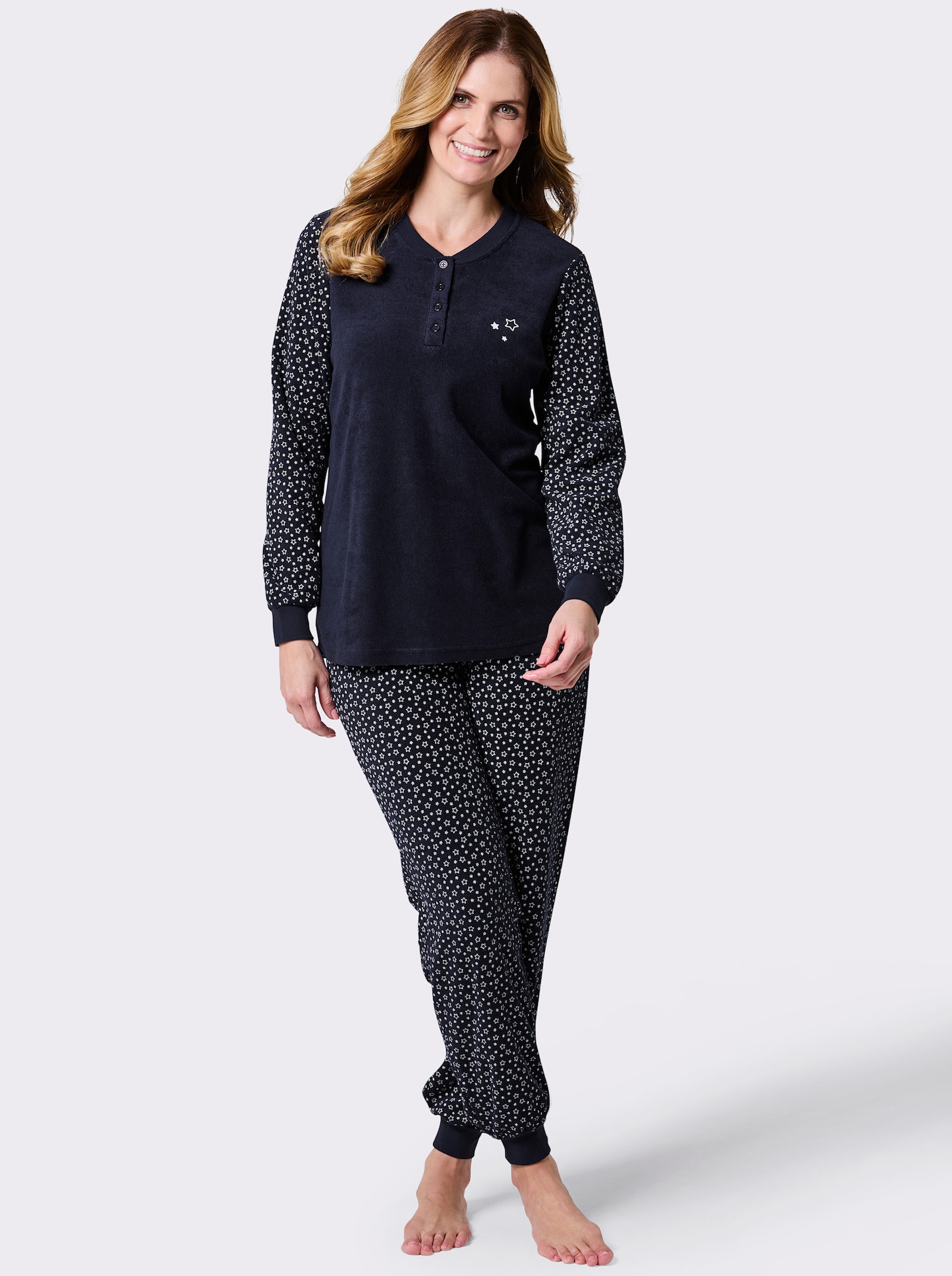 wäschepur Schlafanzug aus Feinfrottee - marine-weiß-bedruckt