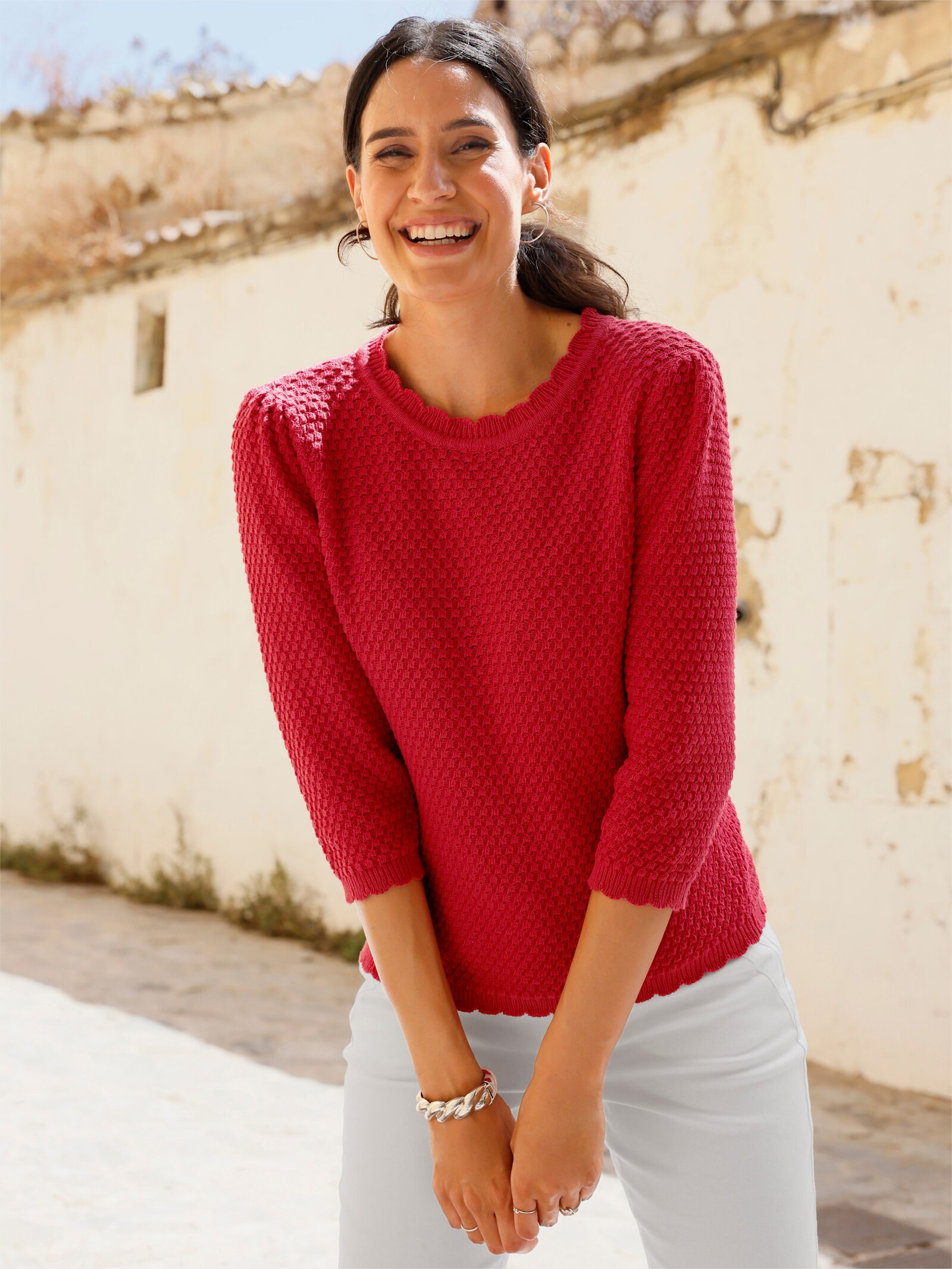 3/4-Arm-Pullover mit Struktur-Strickmuster - erdbeere