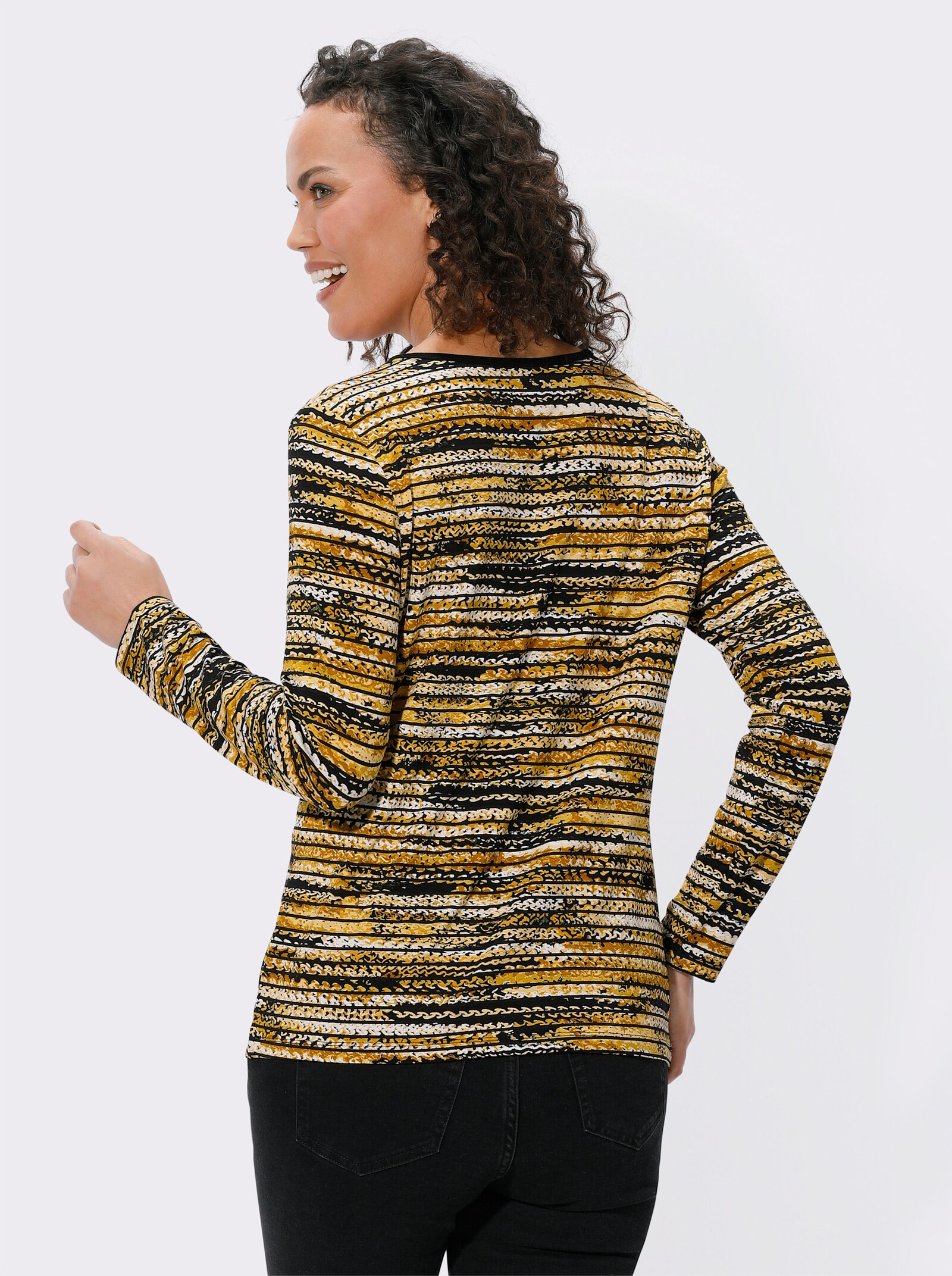 Langarmshirt mit Ringel-Muster - ocker-schwarz-bedruckt