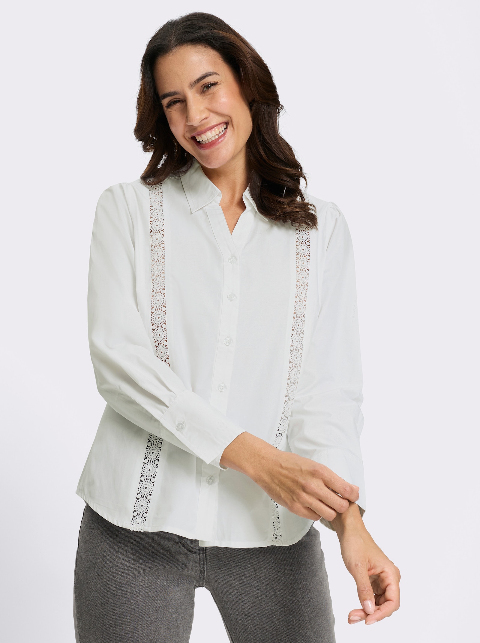 Spitzenbluse mit Kellerfalte hinten - weiß