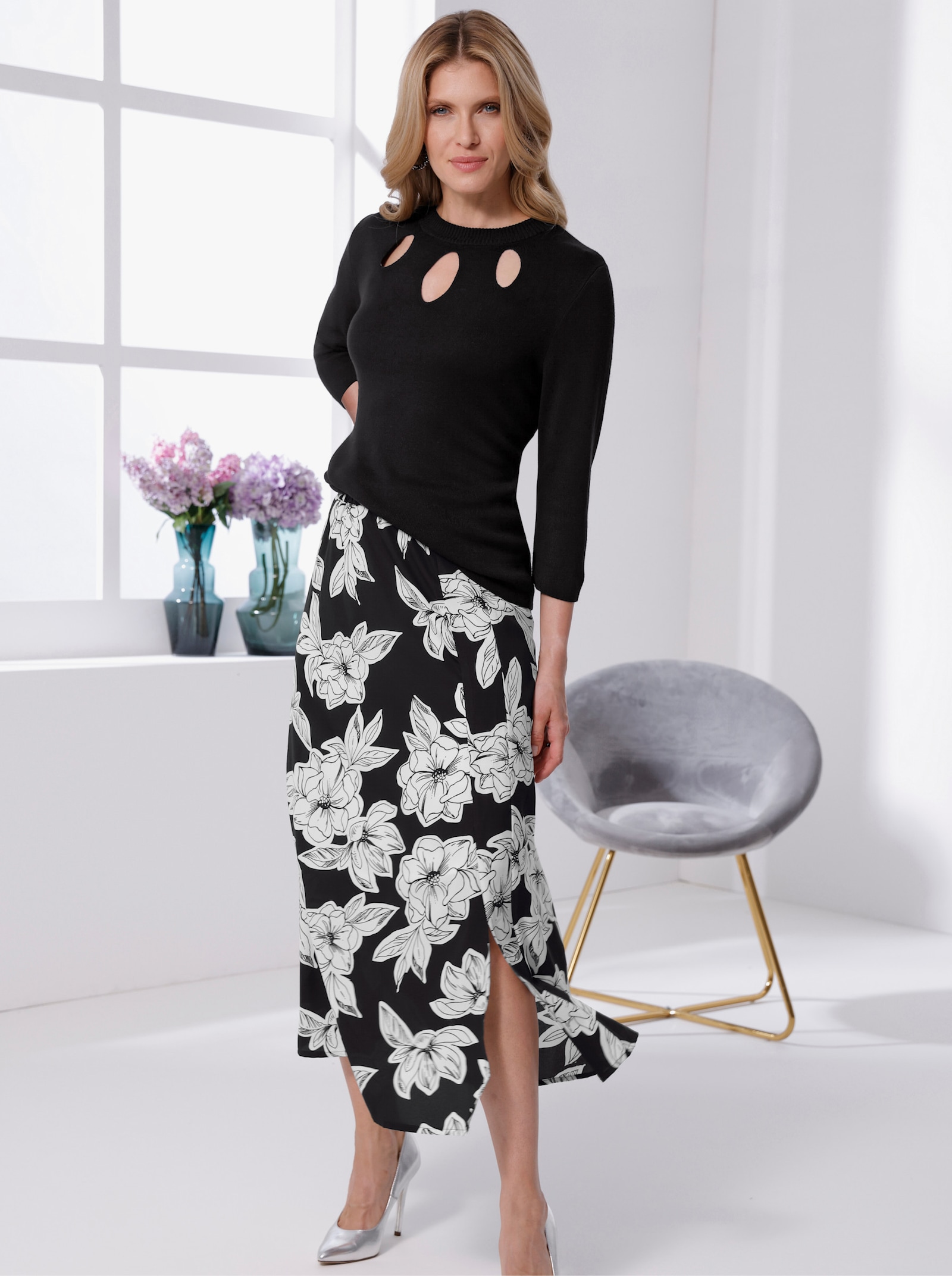 Comfortrok met comfortband - zwart/ecru geprint