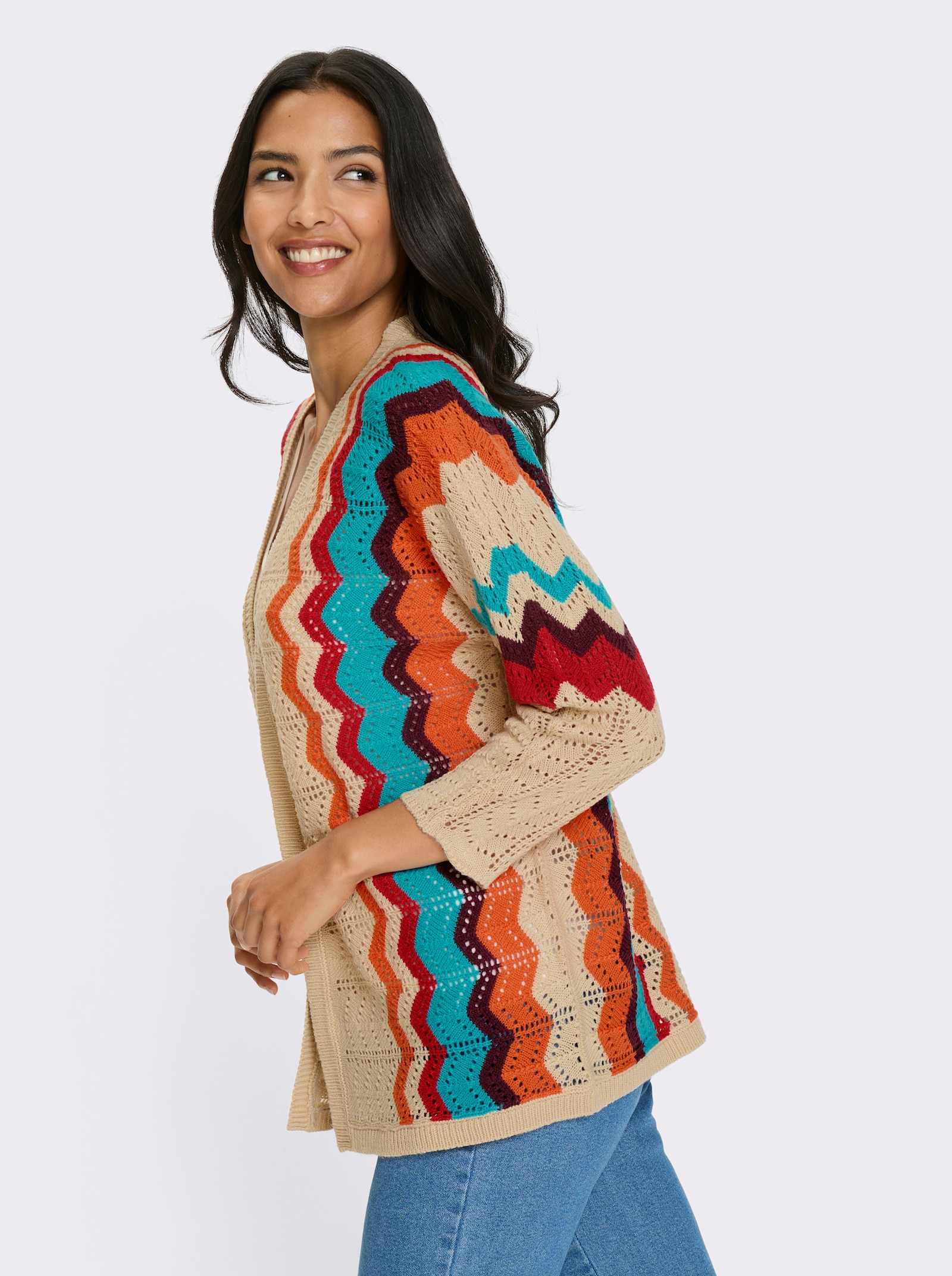 Ajourstrickjacke im Streifen-Dessin - sand-erdbeere-gemustert