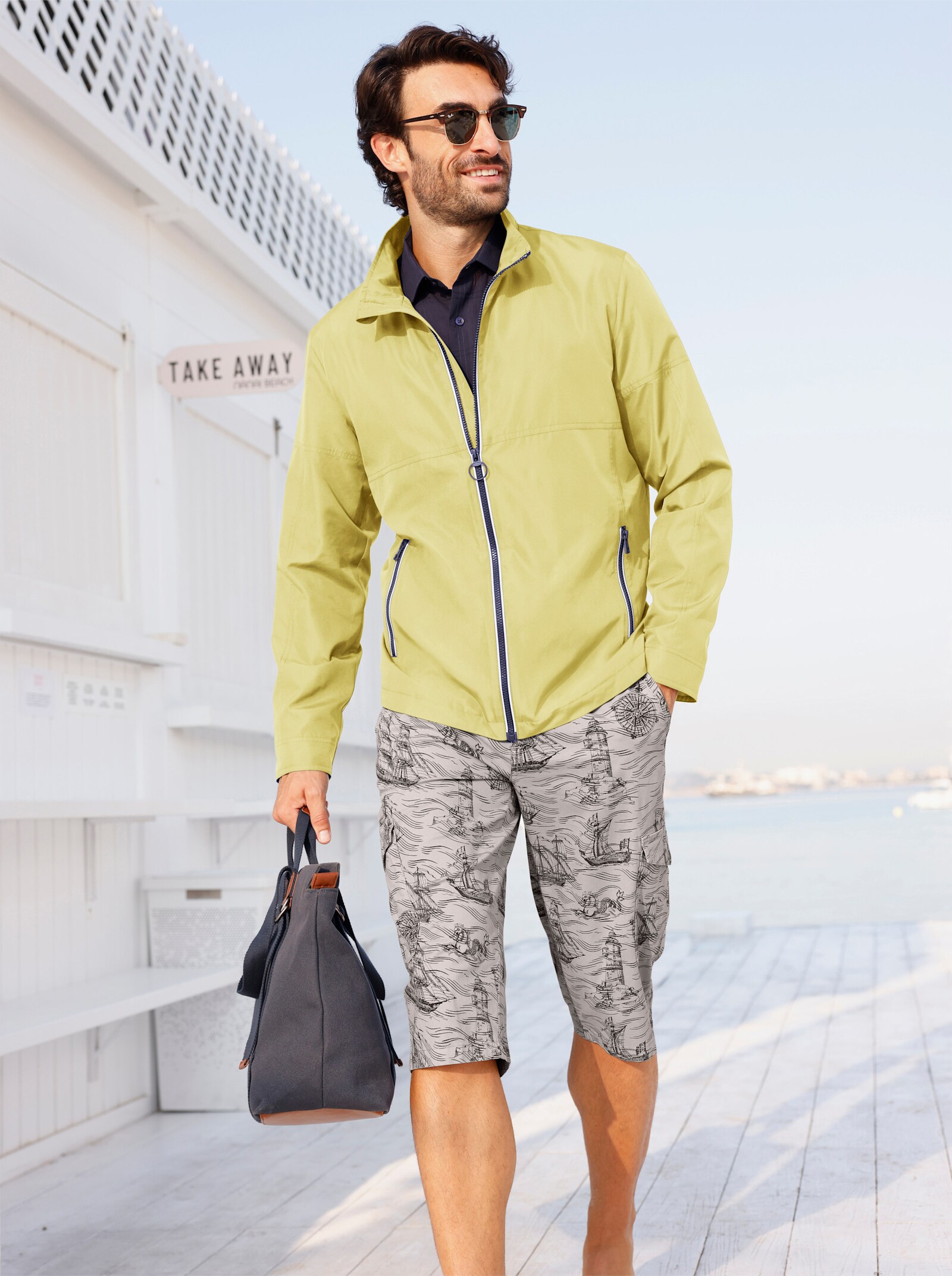 Bermudas mit Piratenschiff-Print, Twill - steingrau-bedruckt