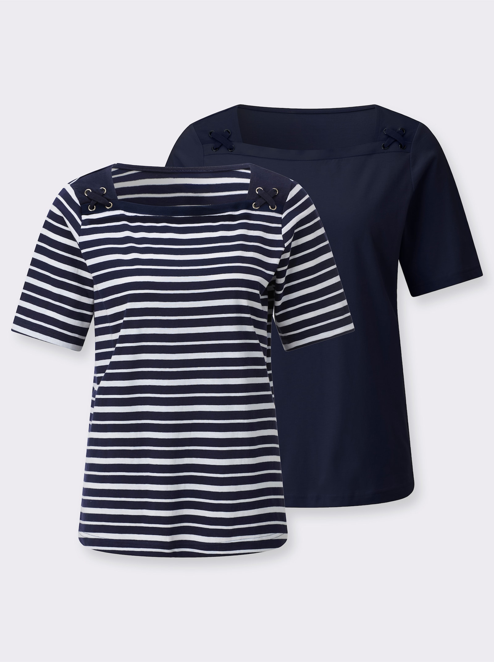 Shirtset met decoratieve hals - marine + marine/wit gestreept