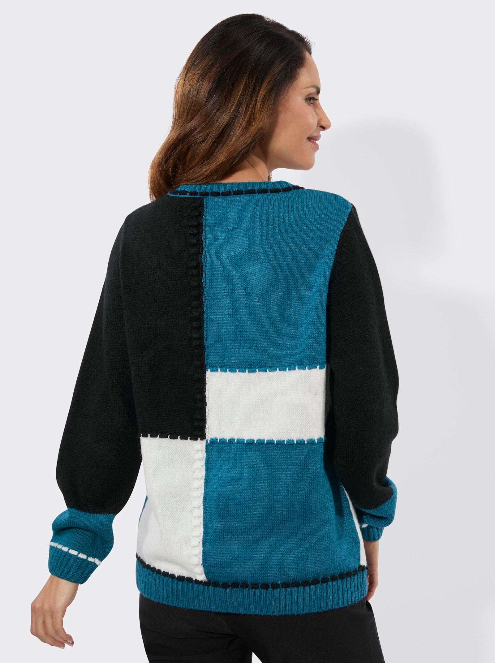 Langarm-Pullover in Colour-Blocking-Optik - aquapetrol-schwarz
