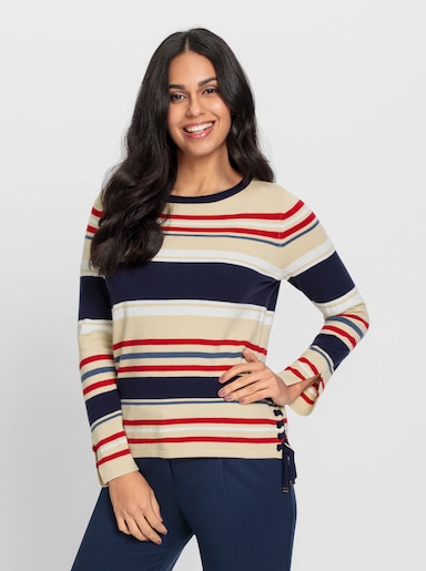 Langarm-Pullover mit Glanzgarn - sand-marine-geringelt