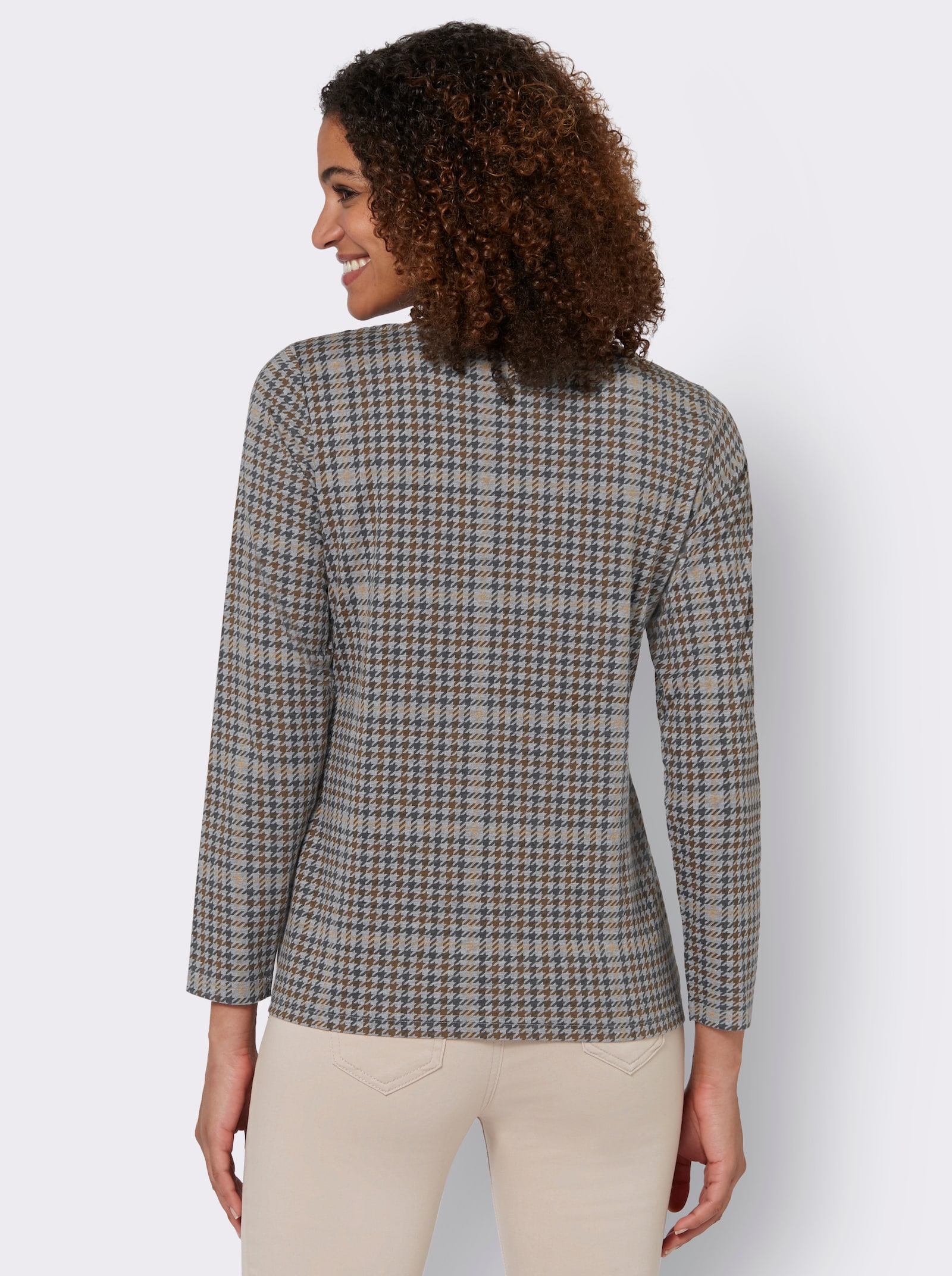 Langarmshirt im Hahnentritt-Dessin - camel-gemustert