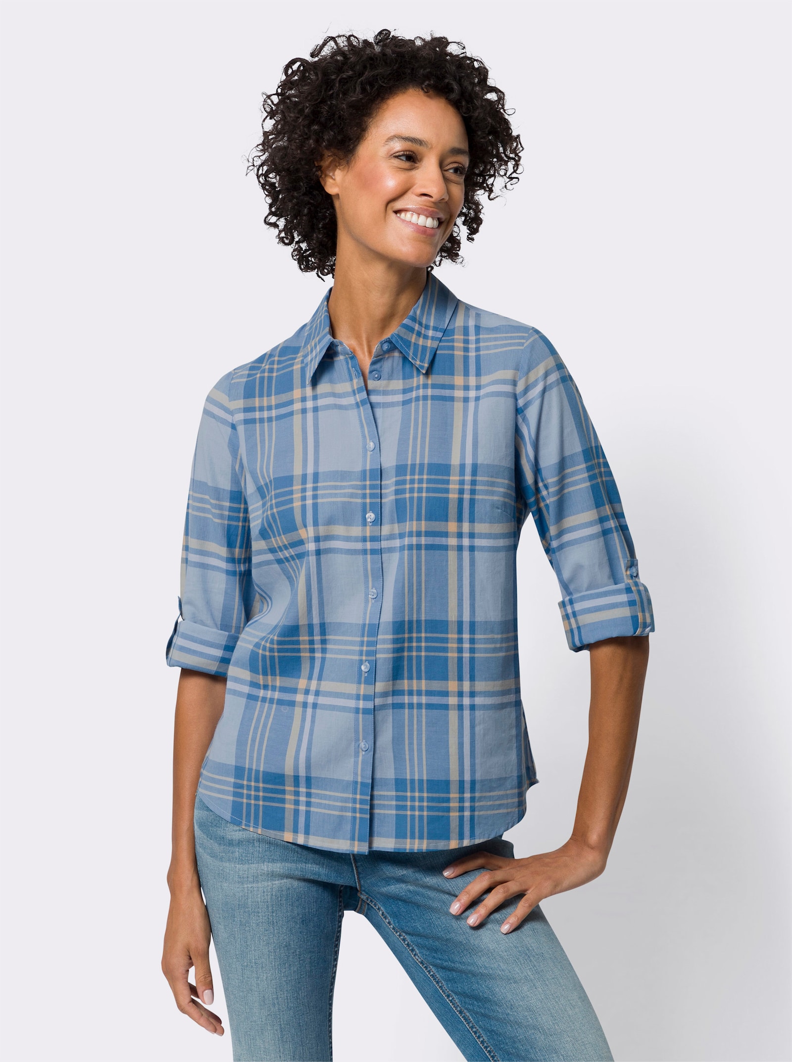 Geruite blouse met opstroopbare mouwen - ijsblauw/apricot geruit