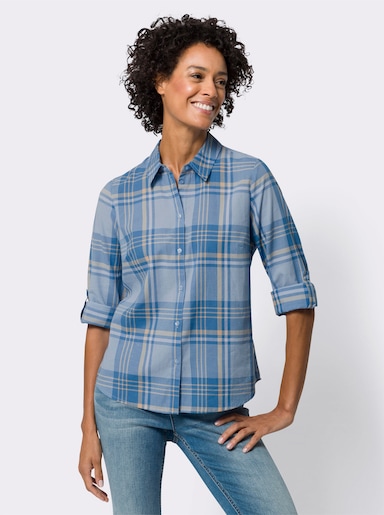 Karobluse mit Krempel-Ärmeln - eisblau-apricot-kariert