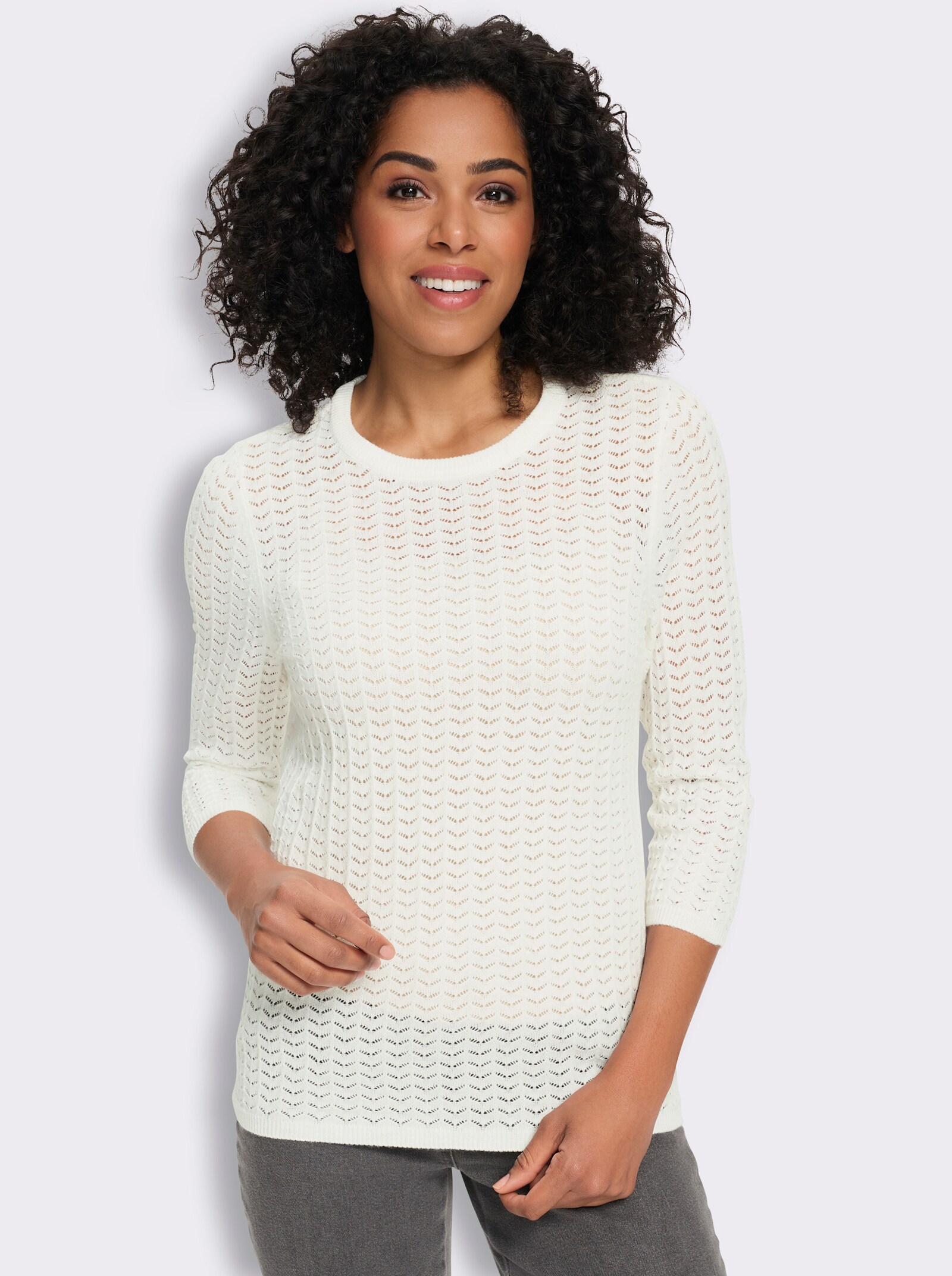 Pullover met 3/4-mouwen en ajourpatroon - ecru