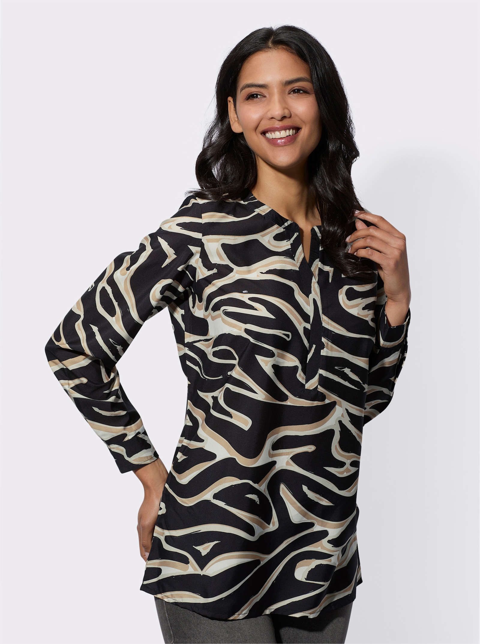 Navliekacia blúzka so zvieracou potlačou - svetlobéžovo-čierna potlač