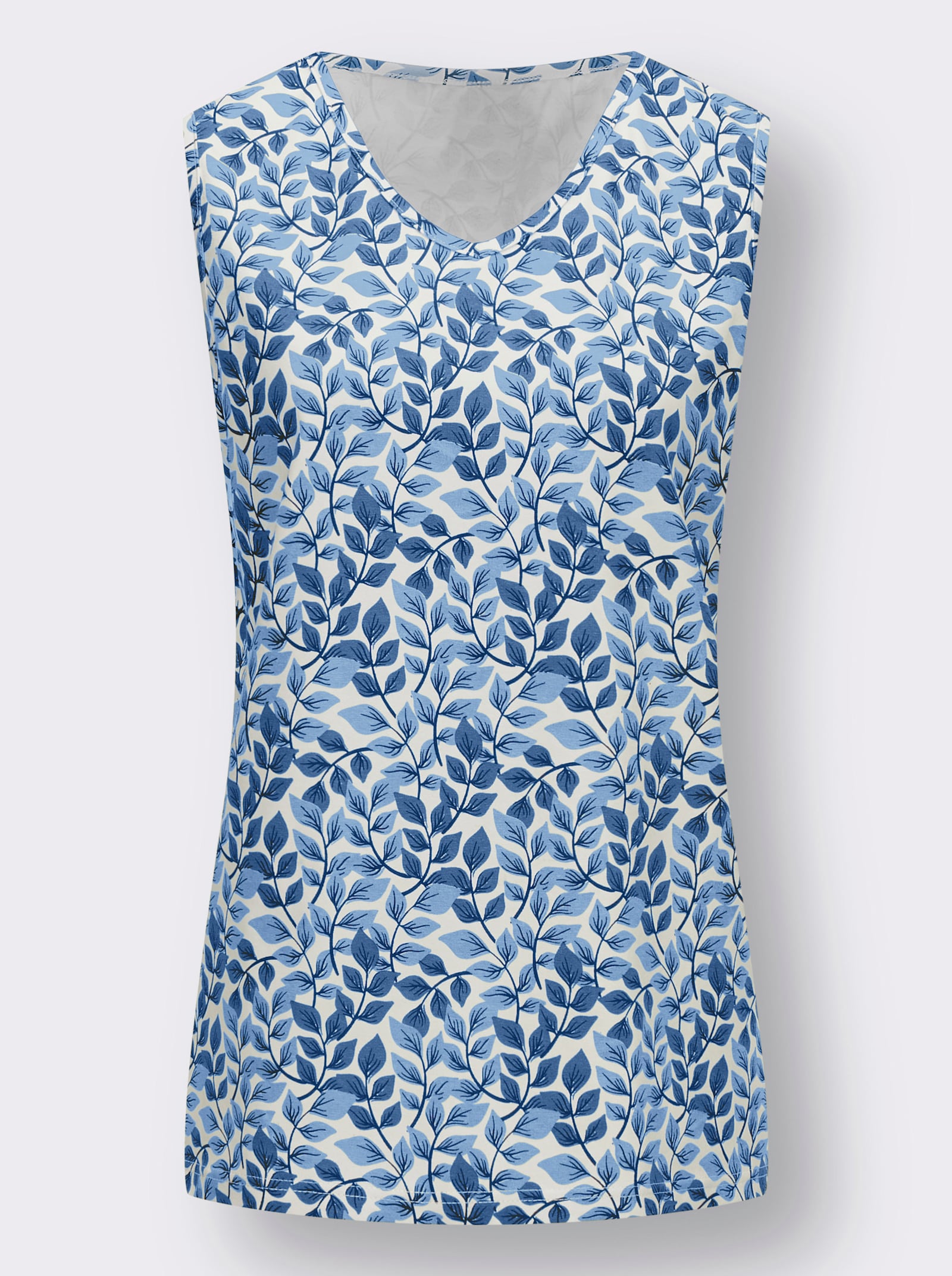 Shirttop im Blätter-Dessin - ecru-mittelblau-bedruckt