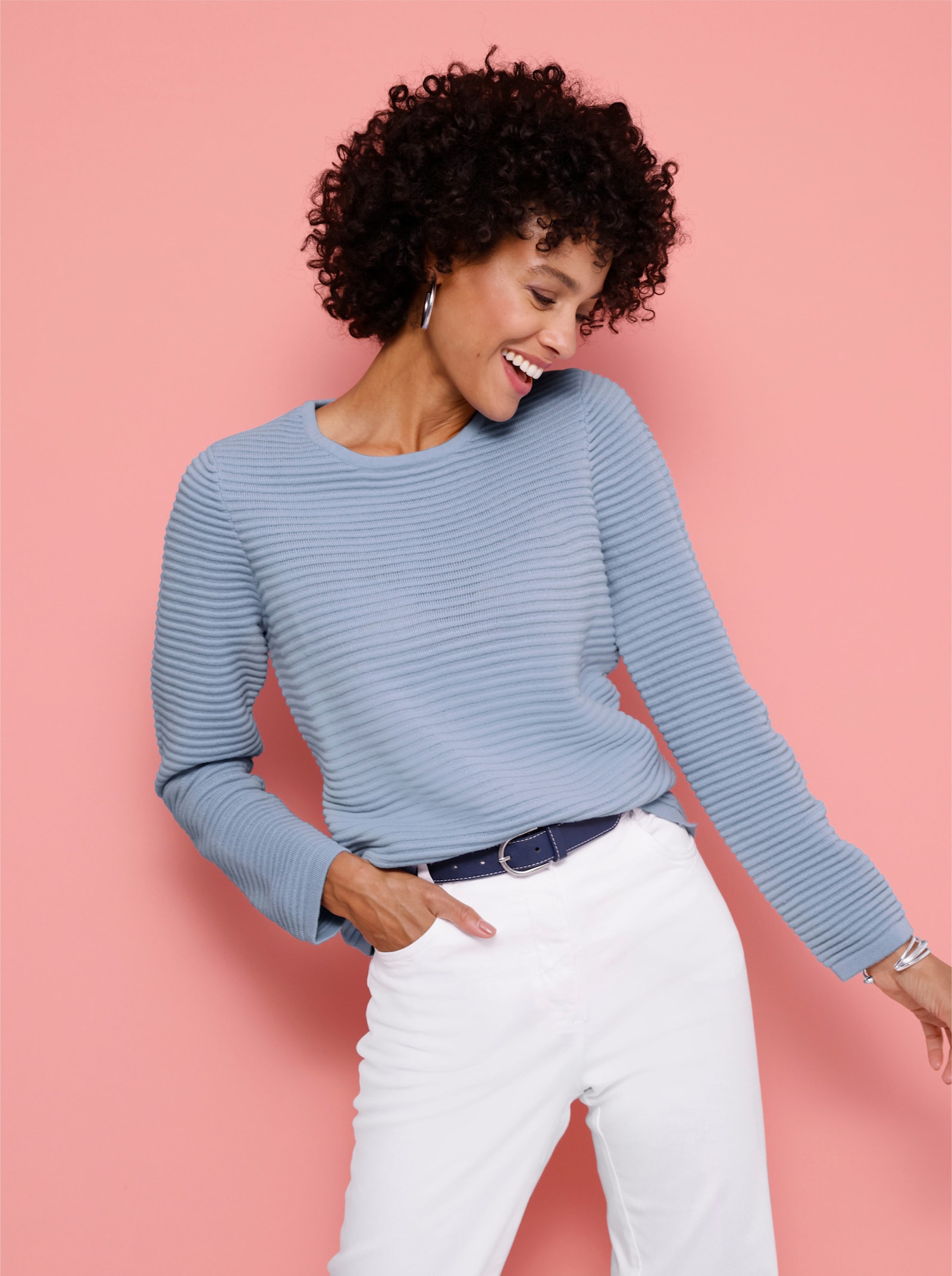 Langarm-Pullover in Rippen-Optik - bleu