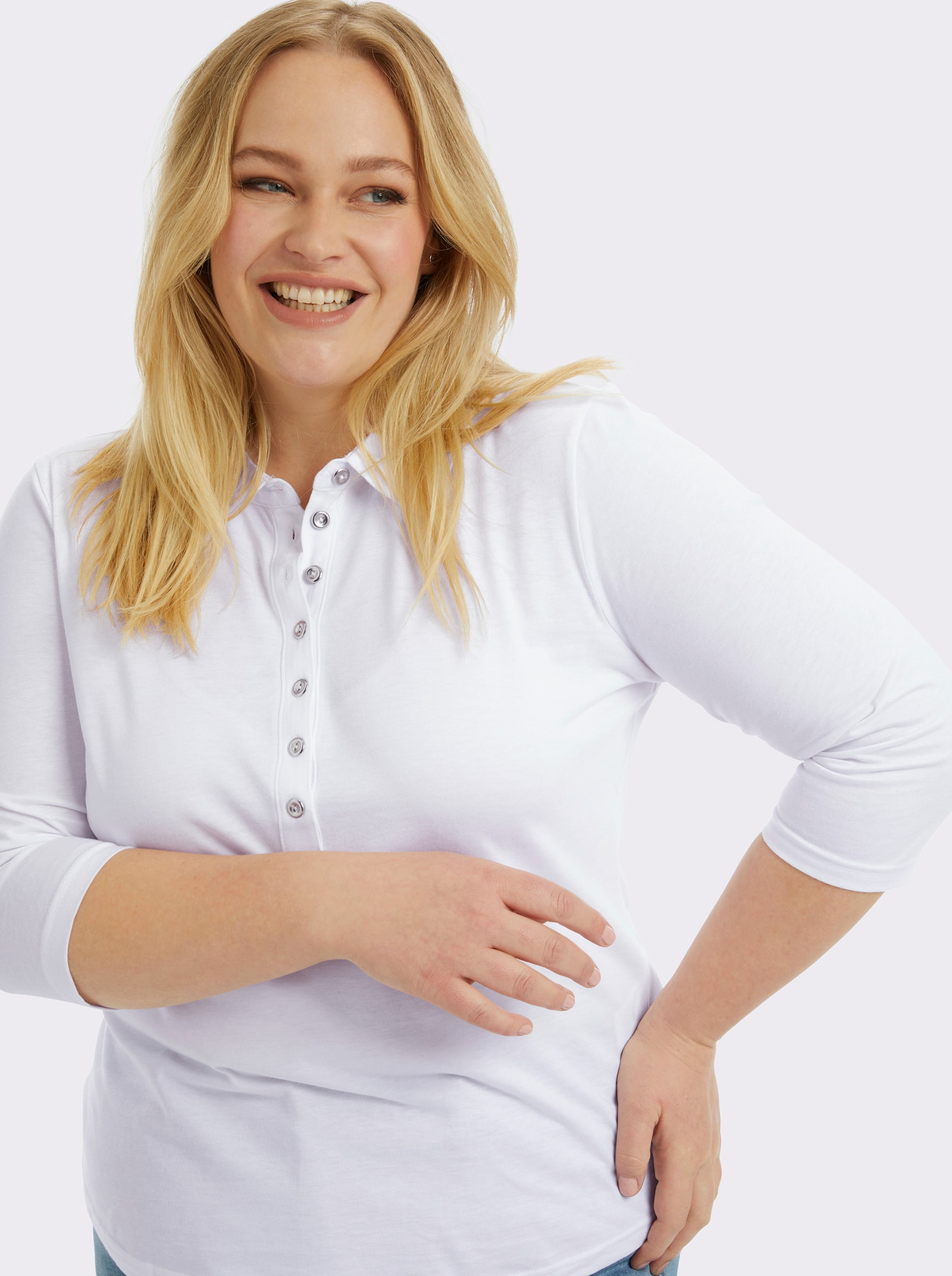 Poloshirt mit langer Knopfleiste - weiß