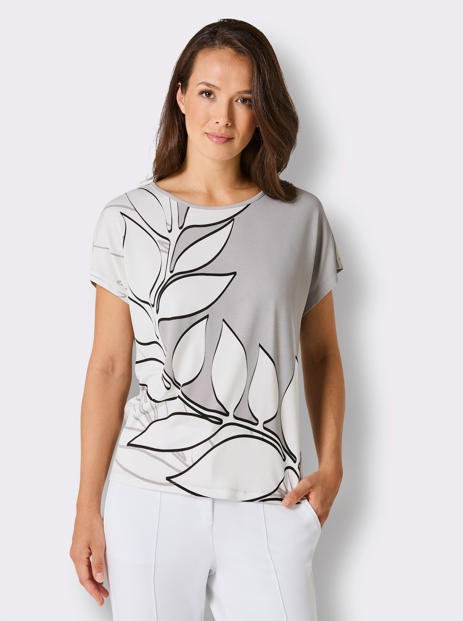 CREATION L PREMIUM Kurzarmshirt in seidig mattem Glanz, mit 95% Modal - ecru-steingrau-bedruckt