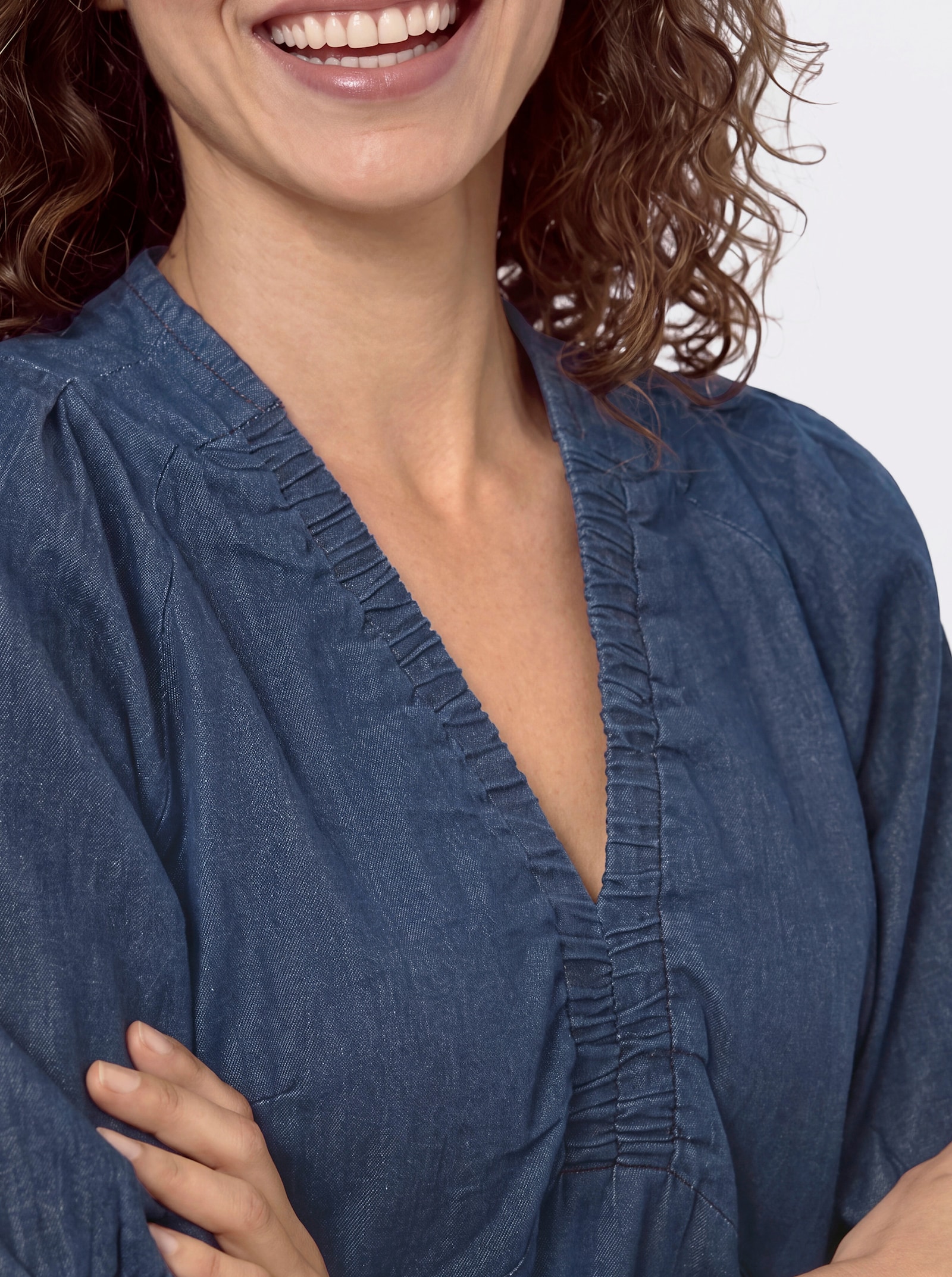 Jeansbluse mit kurzen Raglan-Ärmeln - darkblue-stone-washed