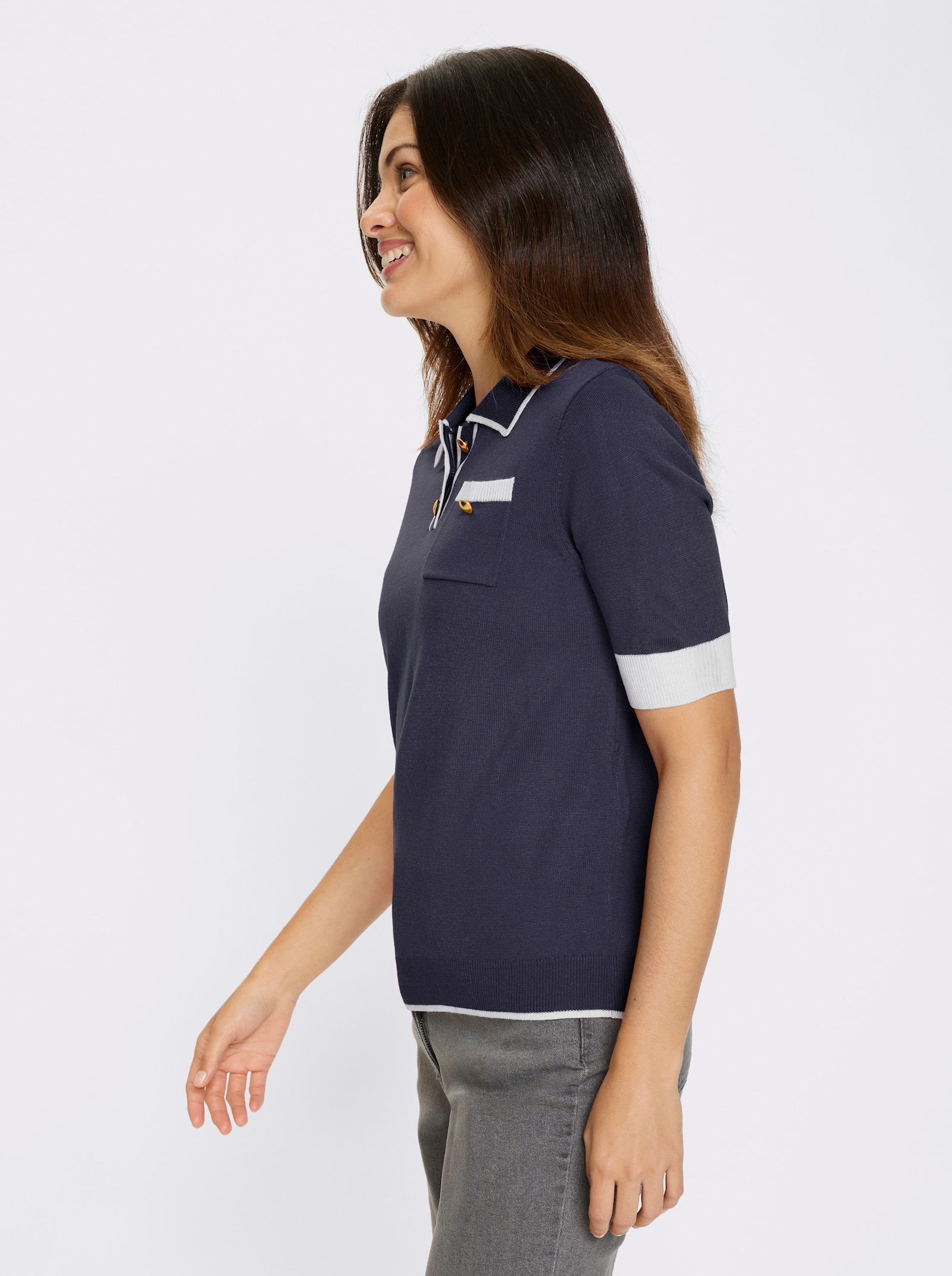 Kurzarmpullover mit Polokragen - marine-weiß
