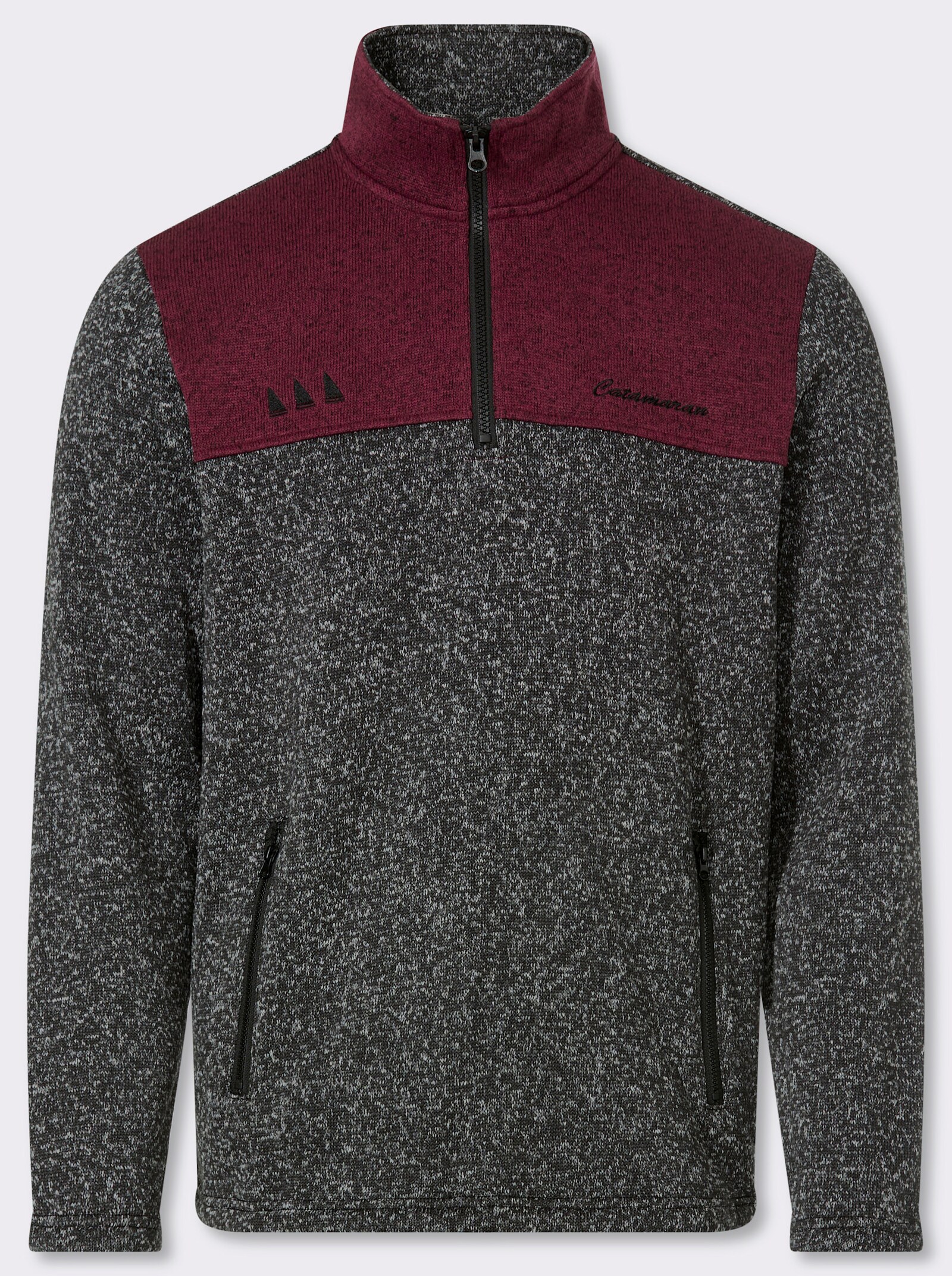 Catamaran Strickfleece-Pullover mit Stickerei - schwarz-bordeaux-meliert