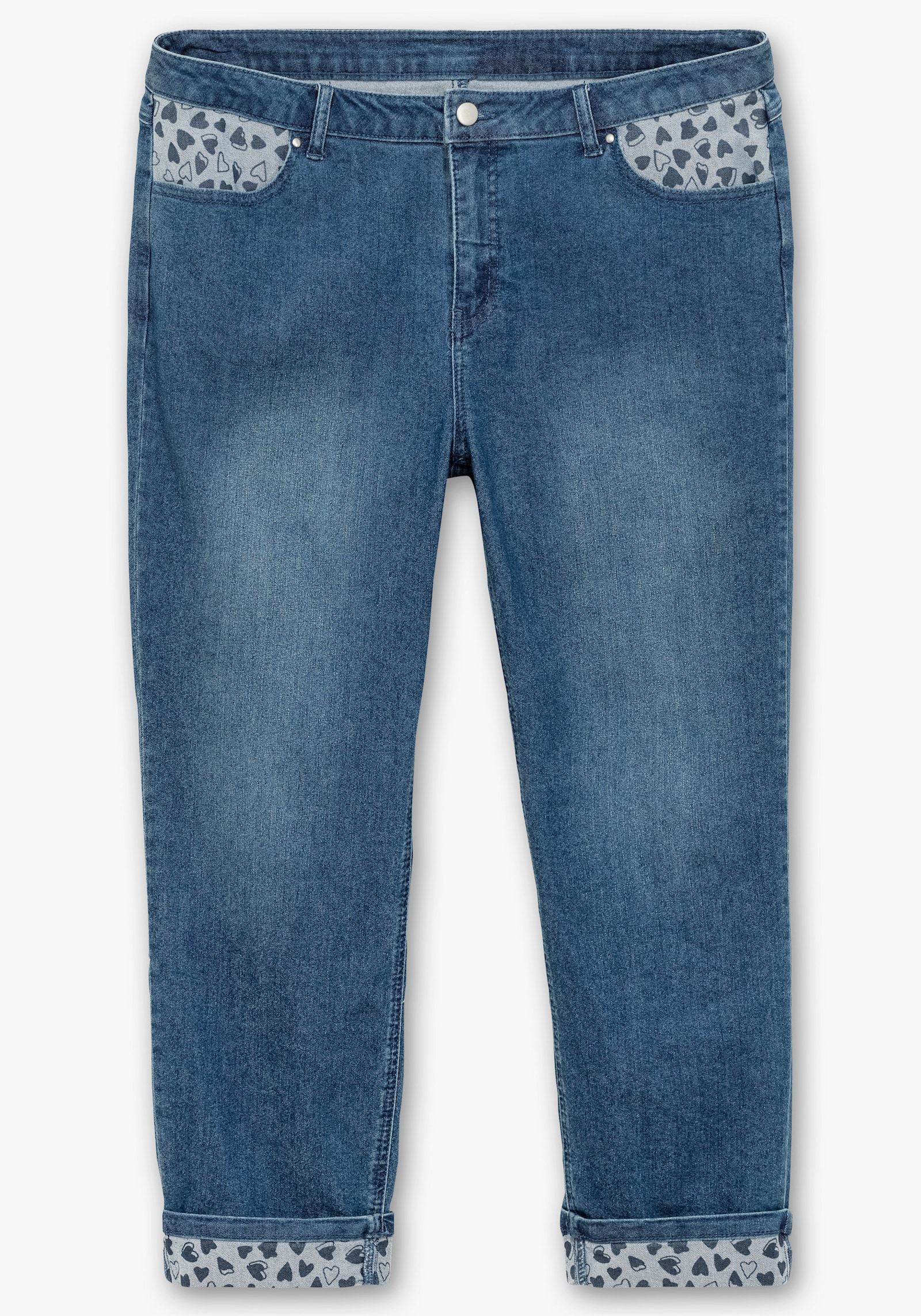 Jeans mit Beinumschlag im Herz-Dessin - blue-stone-washed