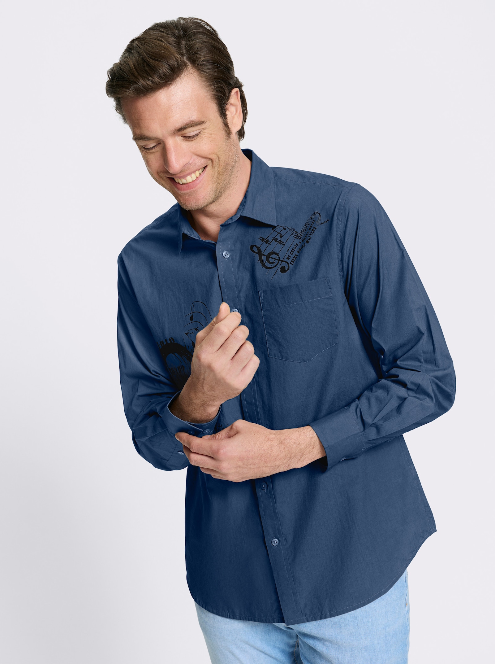 Catamaran Langarmhemd mit platzierten Prints, Baumwolle - jeansblau-bedruckt