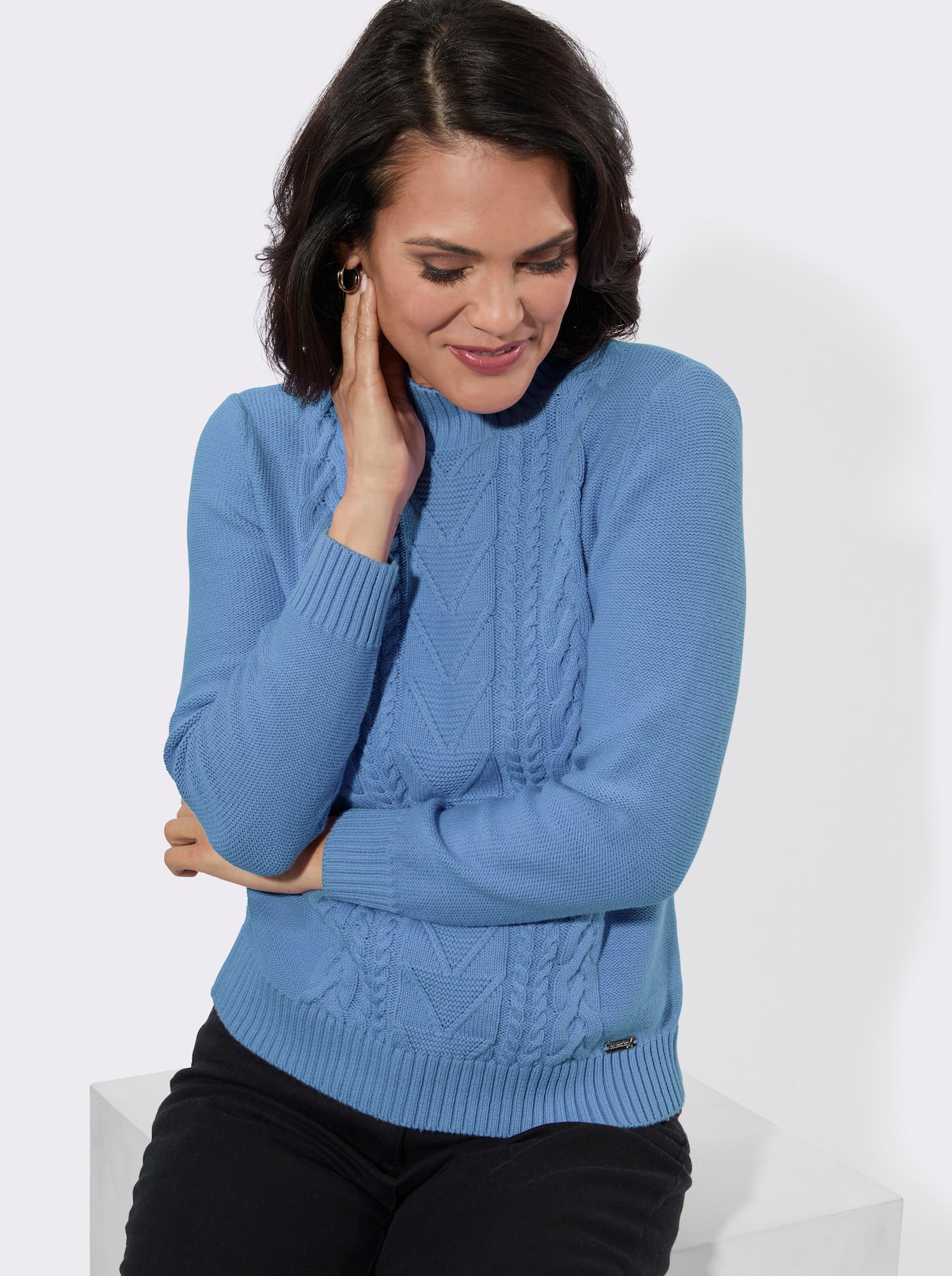 Stehkragenpullover mit gerippten Abschlüssen - himmelblau