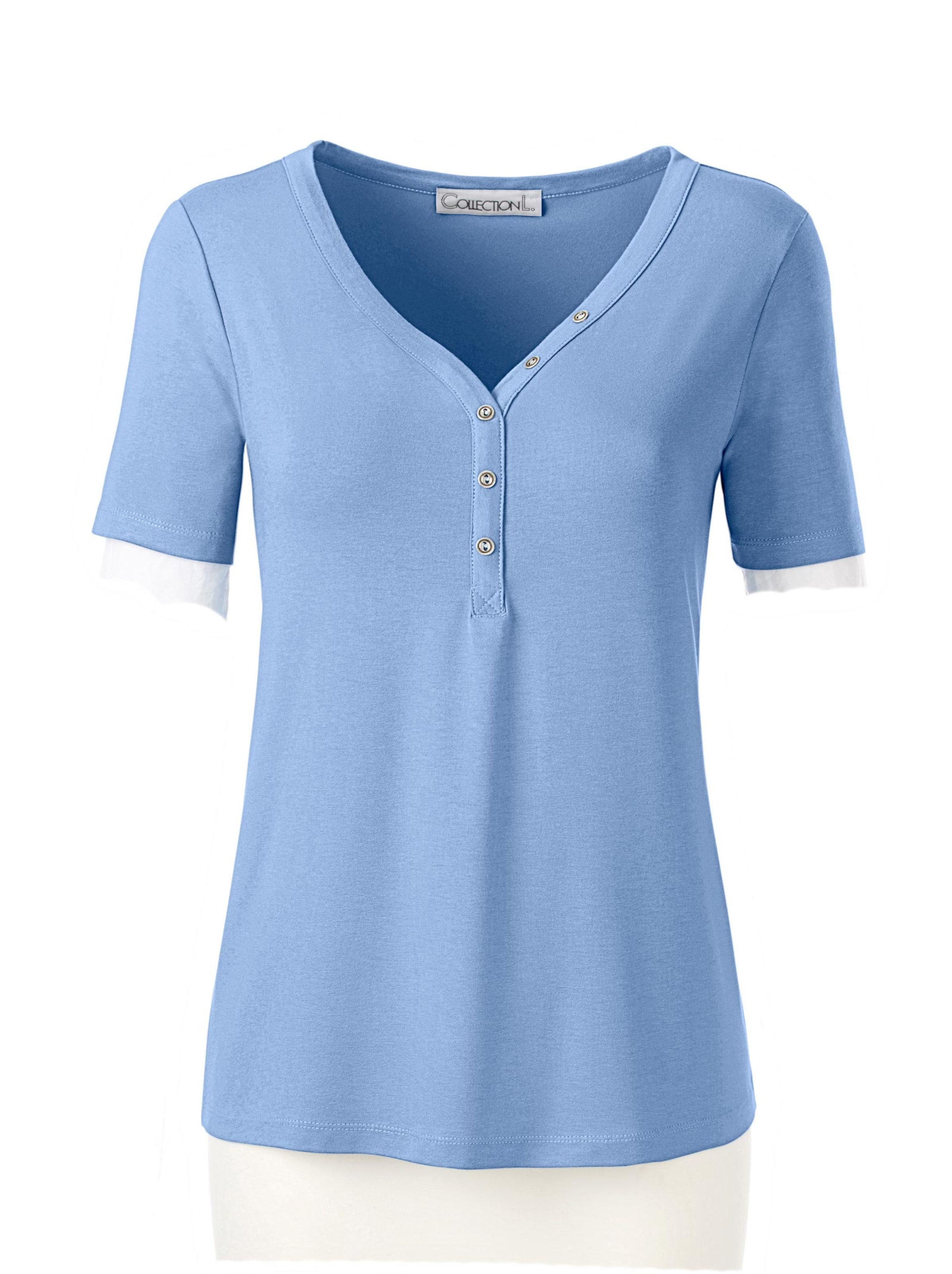 bleu von günstig Kaufen-Kurzarmshirt in bleu von heine. Kurzarmshirt in bleu von heine <![CDATA[Softweiches Basic! Shirt mit Knöpfchenverzierung am herzförmigen Ausschnitt.]]>. 